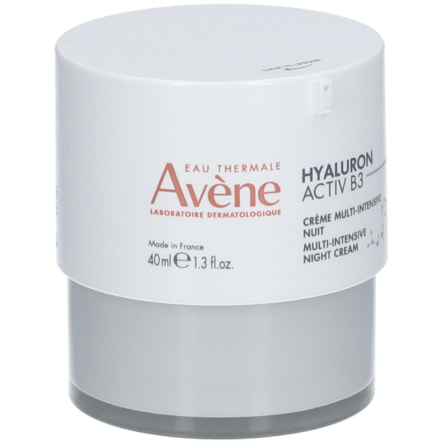 Crèmepot, wit-grijs. Opschrift: Eau Thermale Avène, Hyaluron Activ B3, Crème Multi-Intensive Nuit. 40ml.
