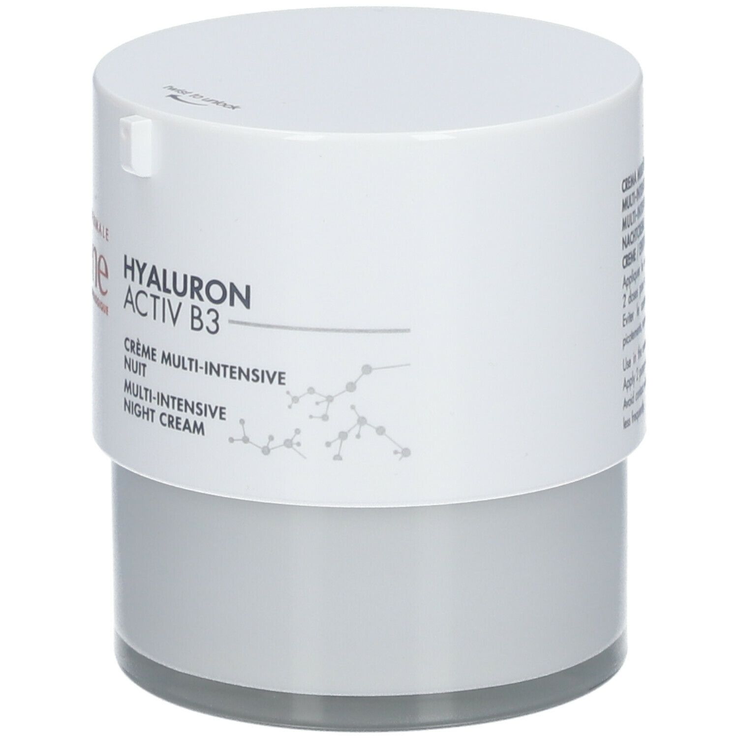 Crèmepot, wit-grijs. Opschrift: Hyaluron Activ B3, Crème Multi-Intensive Nuit. Molecuulafbeelding.