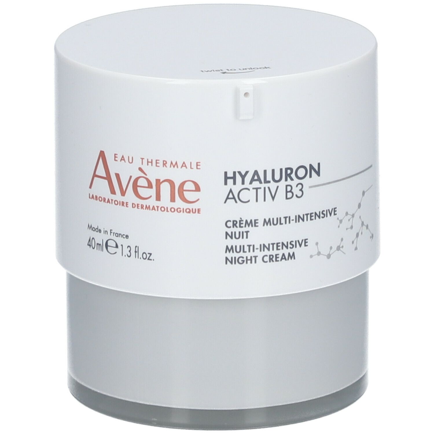 Crèmepot, wit-grijs. Opschrift: Eau Thermale Avène, Hyaluron Activ B3, Crème Multi-Intensive Nuit. 40ml.