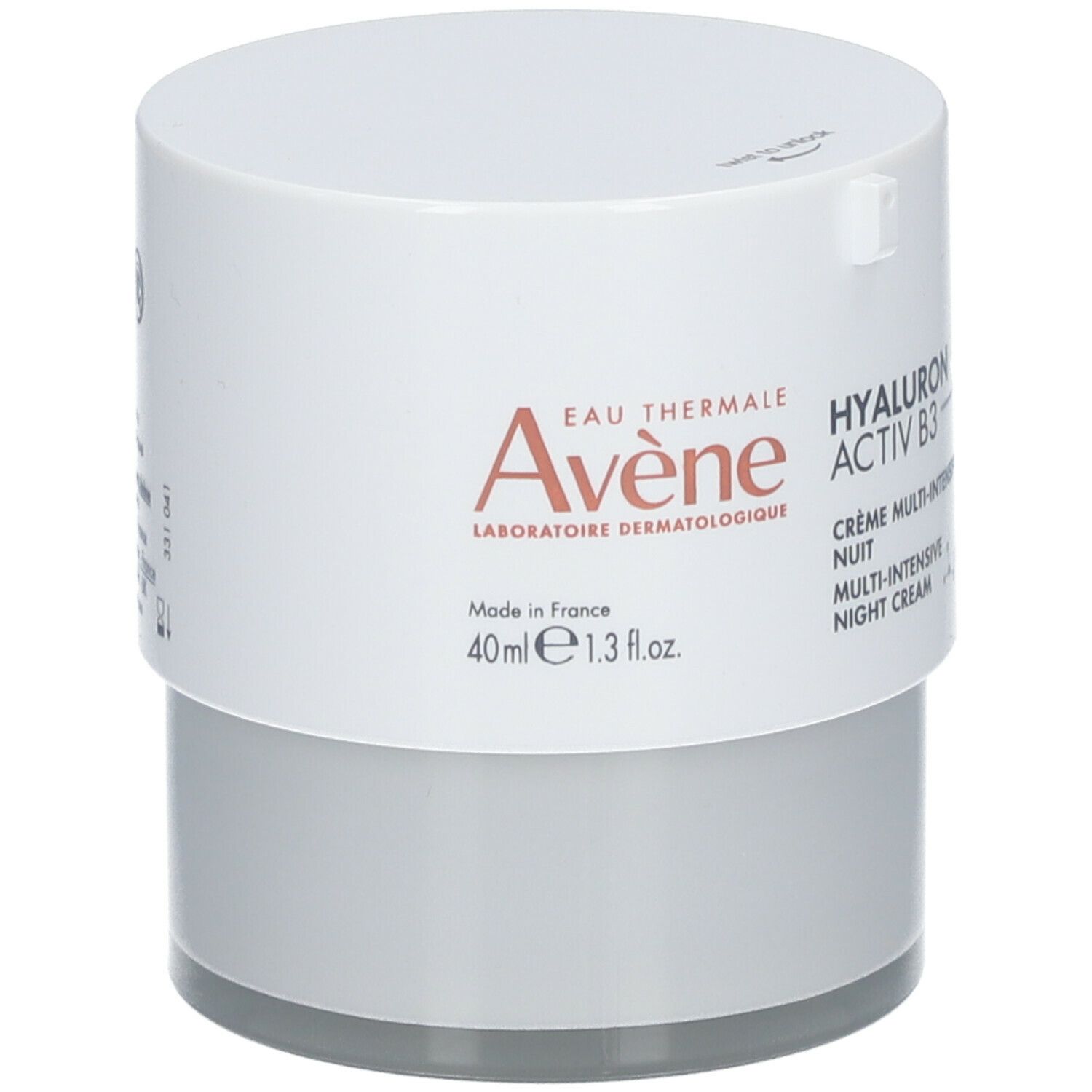 Crèmepot, wit-grijs. Opschrift: Eau Thermale Avène, Hyaluron Activ B3, Crème Multi-Intensive Nuit. 40ml.