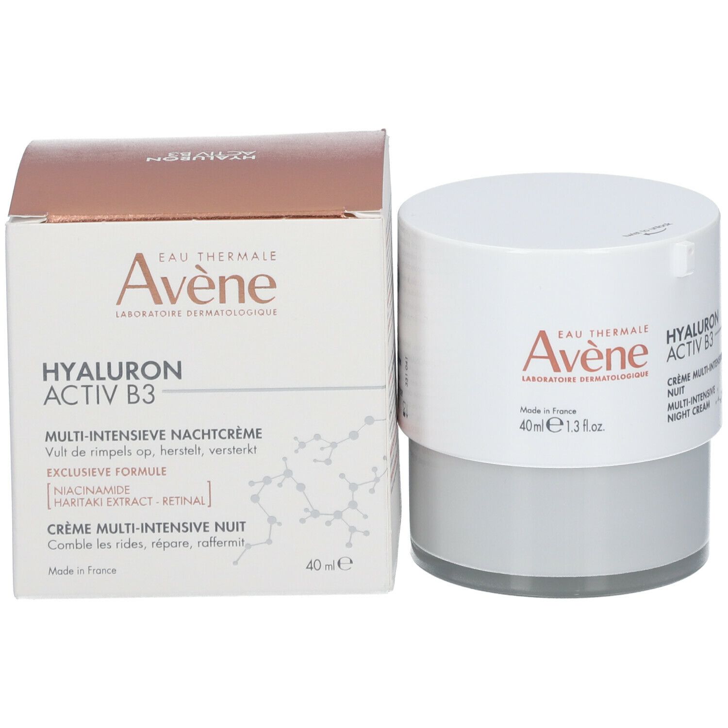 Crèmepot en doos. Opschrift: Avène, Hyaluron Activ B3, Multi-Intensieve Nachtcrème. 40ml.