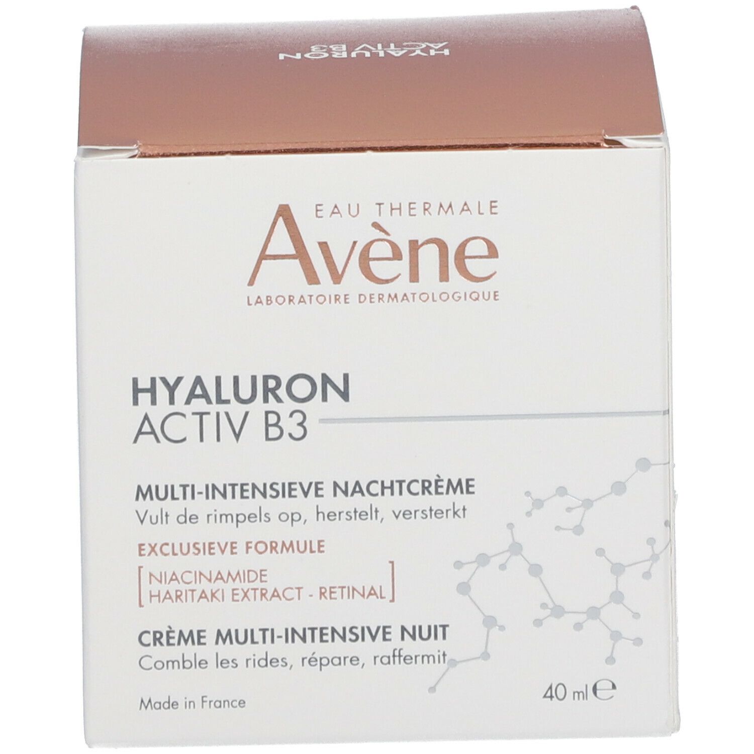 Doos. Opschrift: Avène, Hyaluron Activ B3, Multi-Intensieve Nachtcrème. Ingrediënten: Niacinamide, Haritaki-extract, Retinal.