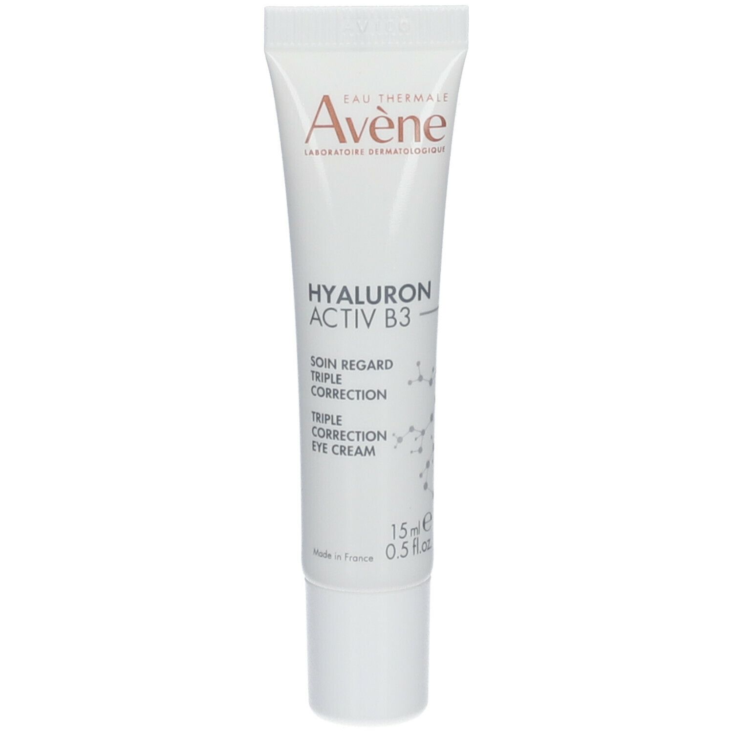 Tube blanche de crème pour les yeux. Inscription: Avene, Hyaluron Activ B3, Triple Correction. 15 ml.