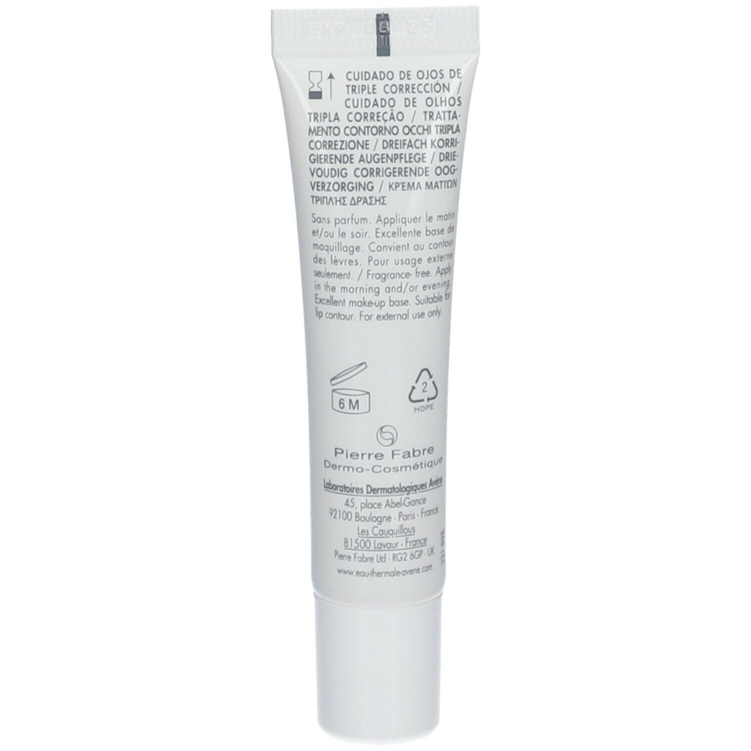 Dos du tube de crème pour les yeux. Textes multilingues, instructions et informations fabricant.