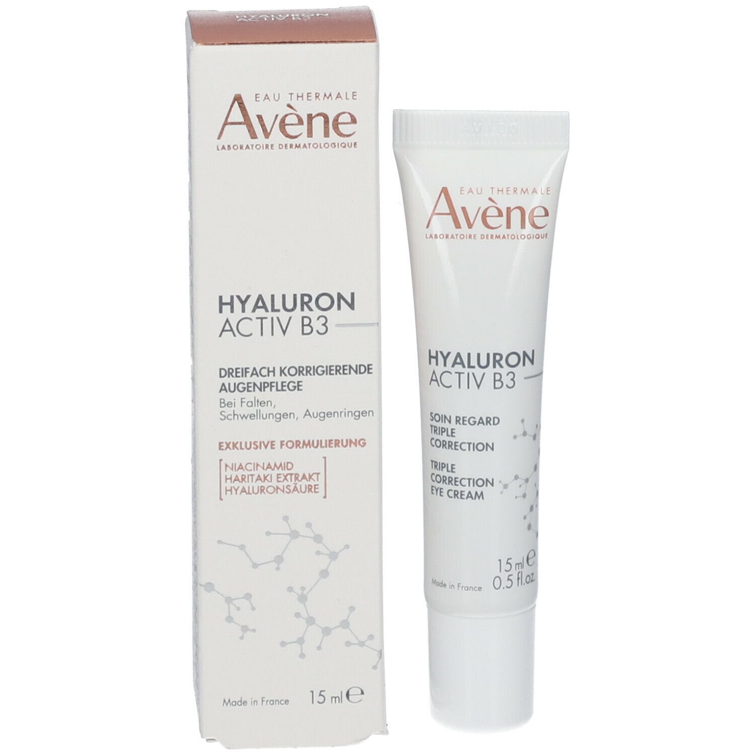 Emballage et tube. Emballage: Avene, Hyaluron Activ B3, soin des yeux. Tube: 15 ml.
