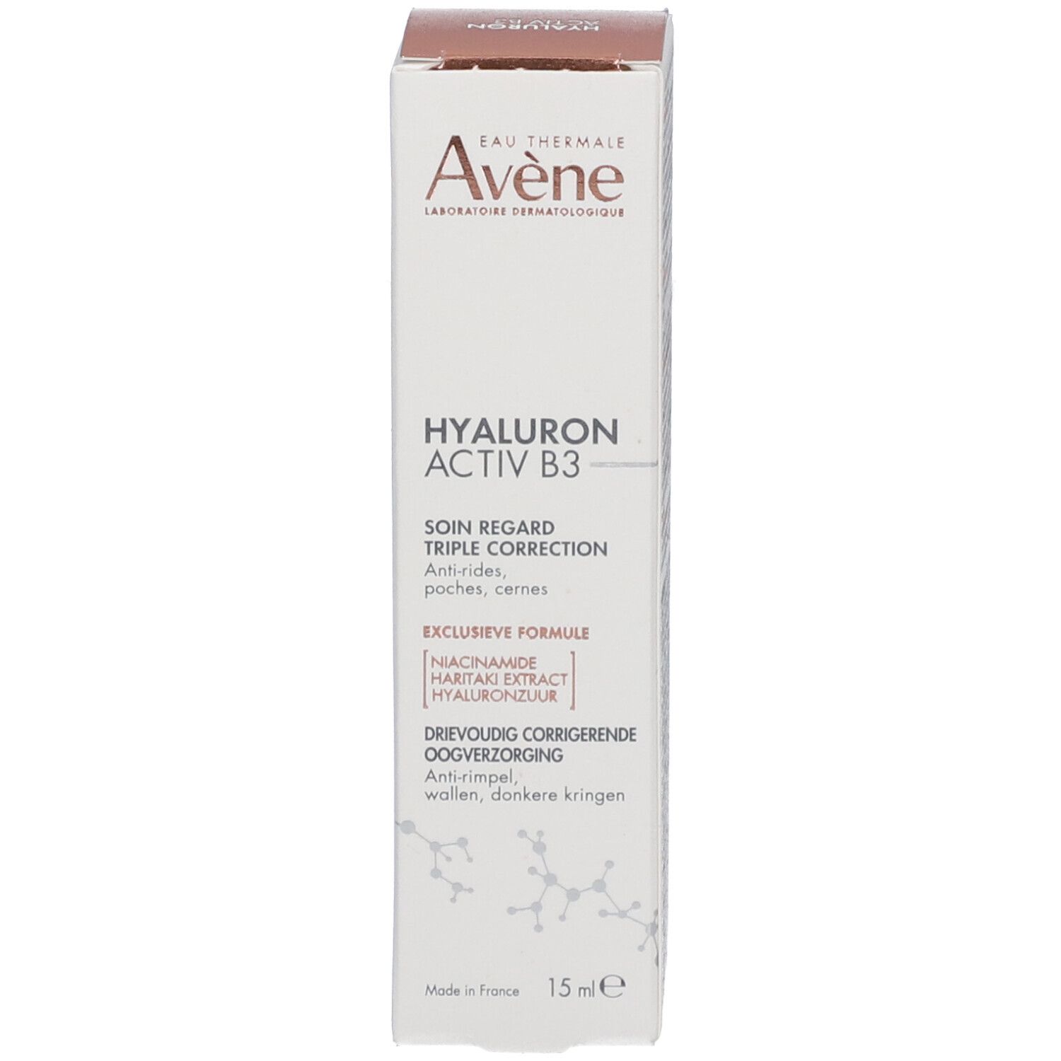 Emballage du produit. Texte: Avene, Hyaluron Activ B3, soin des yeux triple correction. 15 ml.