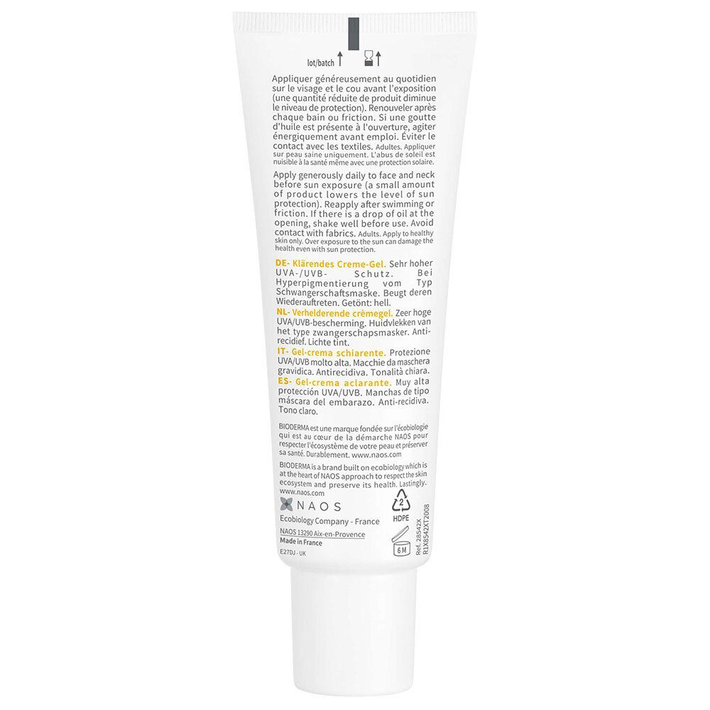 Rückseite der Tube BIODERMA Photoderm M. Text in mehreren Sprachen. Informationen zur Anwendung und Inhaltsstoffen.