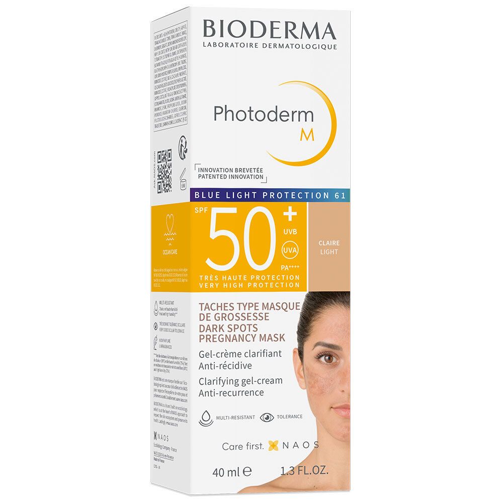 BIODERMA Photoderm M Klärende Gel-Creme SPF50+ Teinte Claire. Verpackung mit Produkt. Frau mit Pigmentflecken.