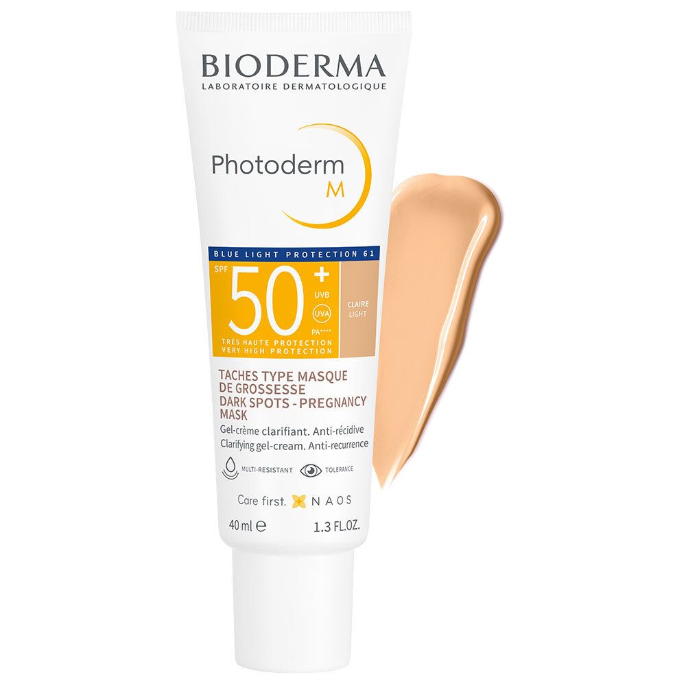 BIODERMA Photoderm M Gel-Creme SPF50+ Teinte Claire. Tube mit Produkt und Produktprobe. Farbton hell.
