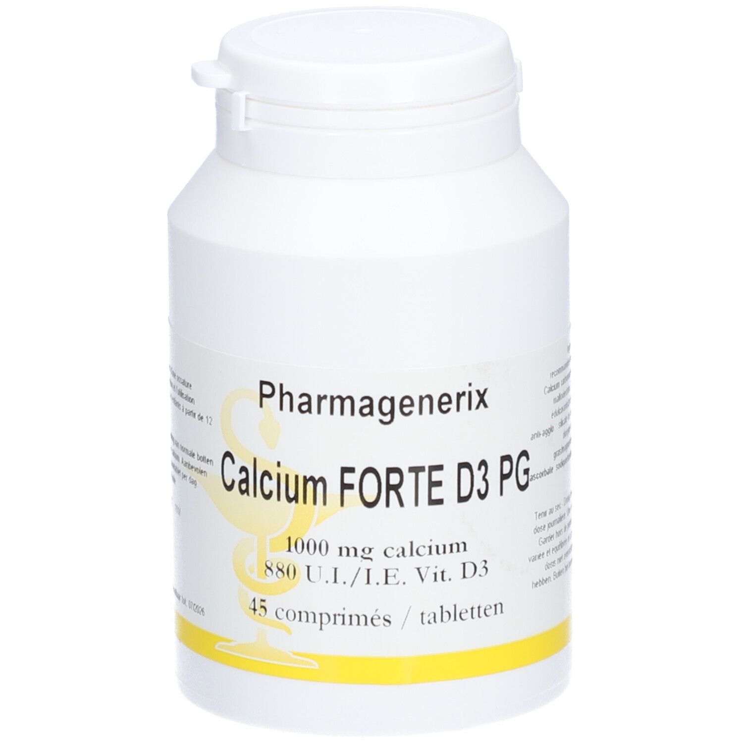 Flacon blanc de Pharmagenerix Calcium Forte D3 PG. Contient 45 comprimés. Inscription : 1000 mg calcium, 880 UI Vit. D3.