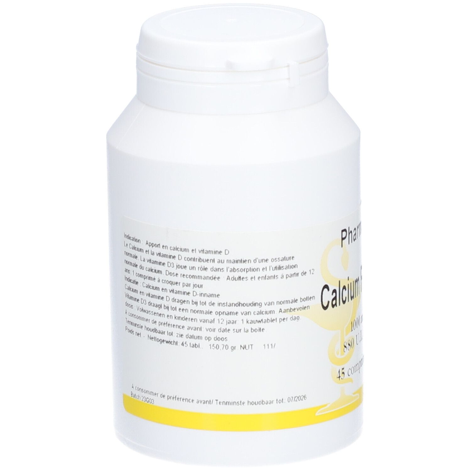 Dos d'un flacon blanc de Pharmagenerix Calcium Forte D3 PG. Texte multilingue. Bande jaune en bas.
