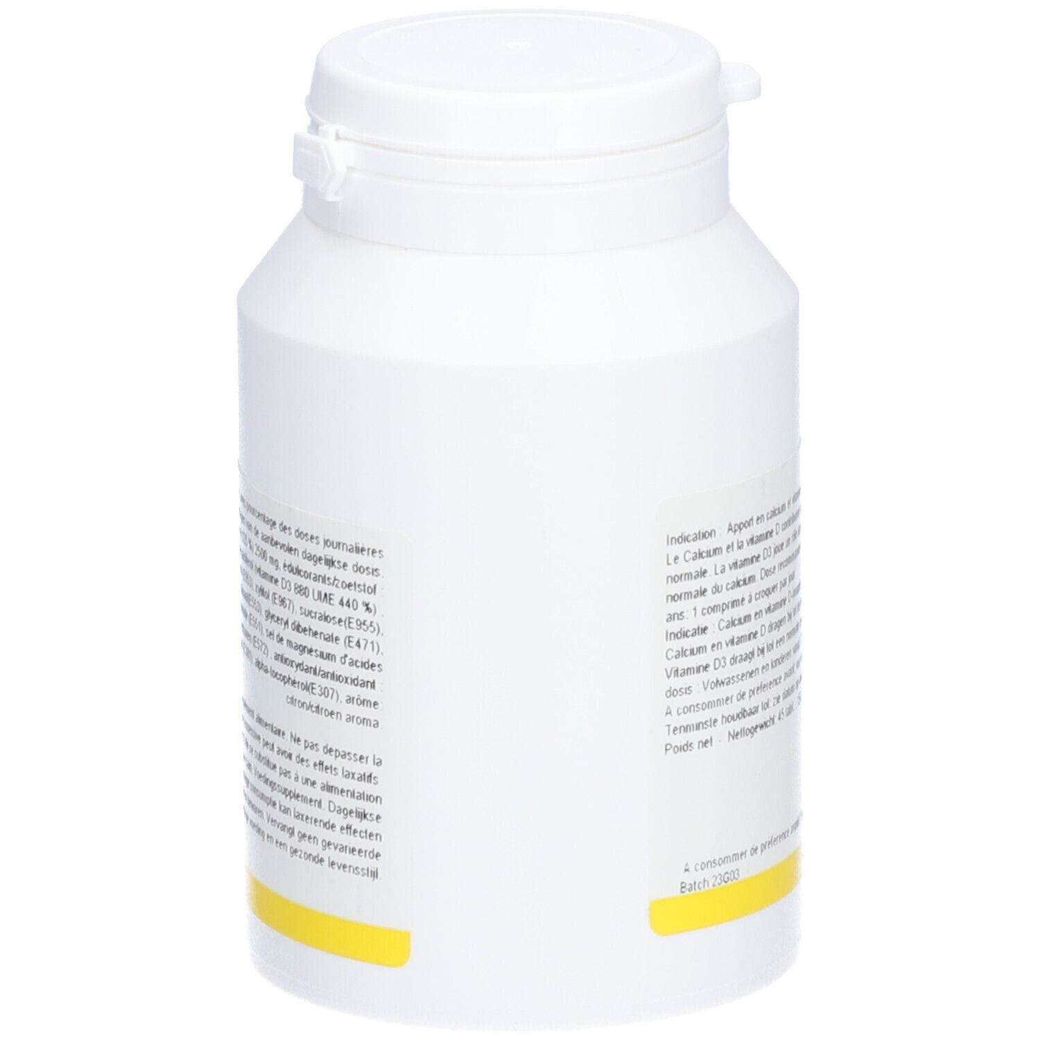 Dos d'un flacon blanc de Pharmagenerix Calcium Forte D3 PG. Texte multilingue. Bande jaune en bas.