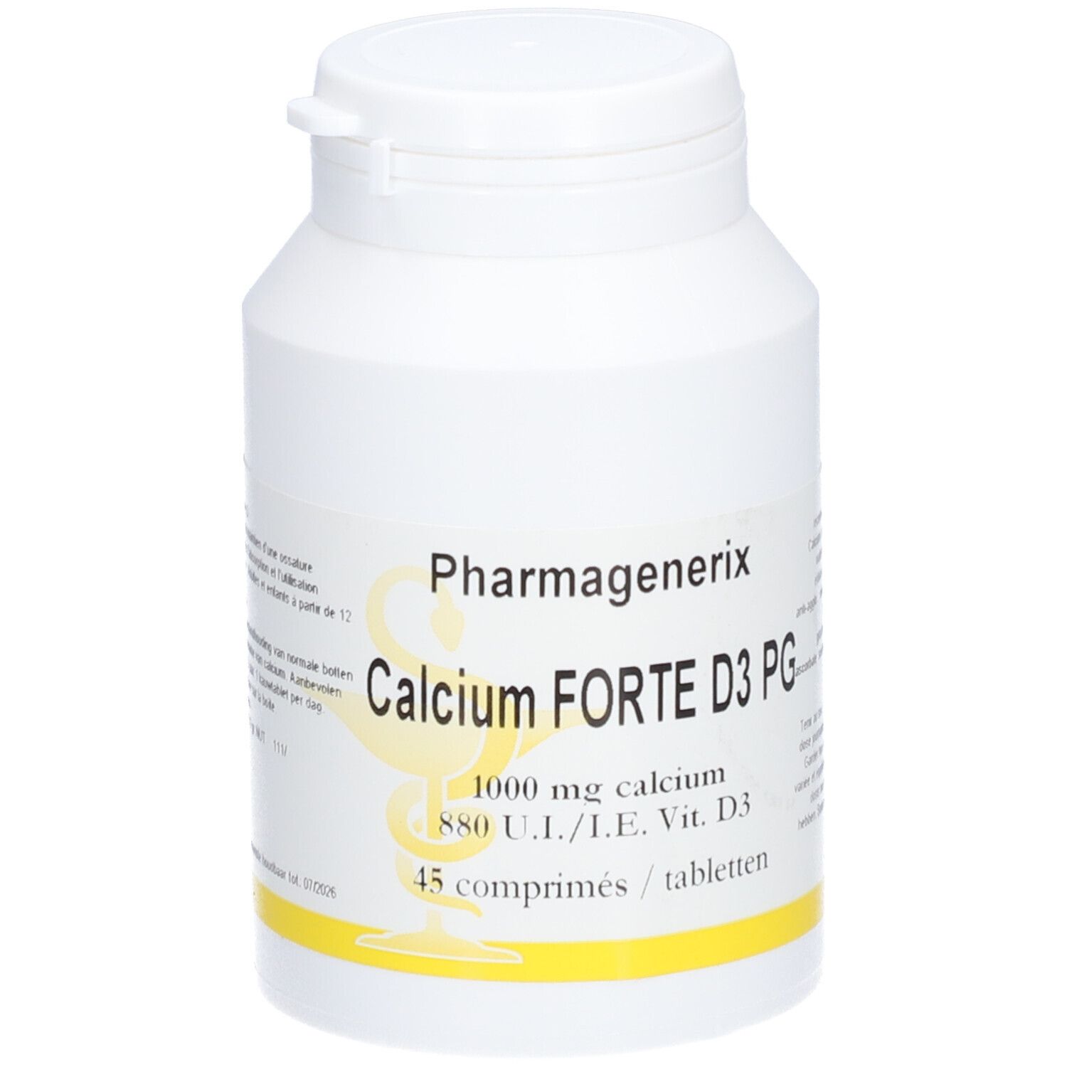 Flacon blanc de Pharmagenerix Calcium Forte D3 PG. Contient 45 comprimés. Inscription : 1000 mg calcium, 880 UI Vit. D3.