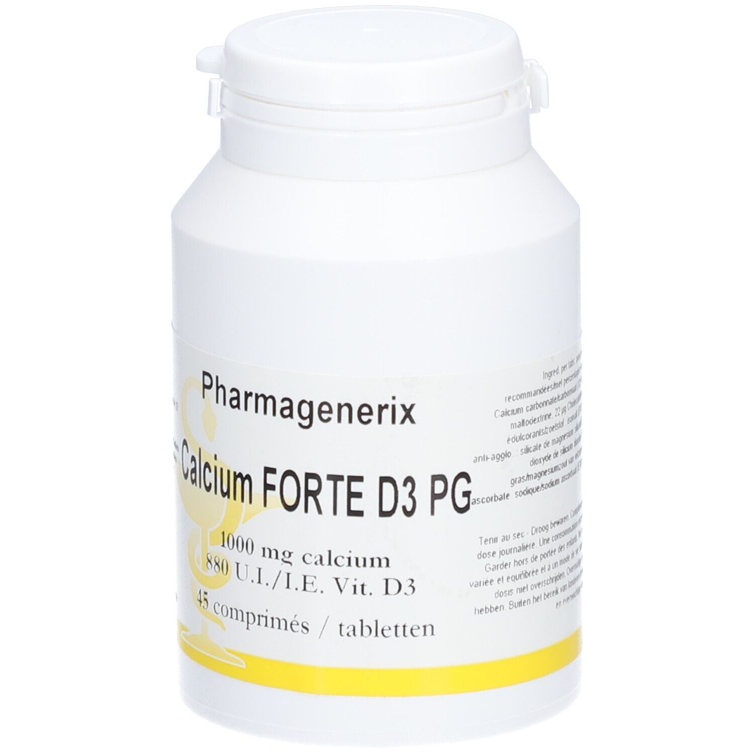 Flacon blanc de Pharmagenerix Calcium Forte D3 PG. Contient 45 comprimés. Inscription : 1000 mg calcium, 880 UI Vit. D3.