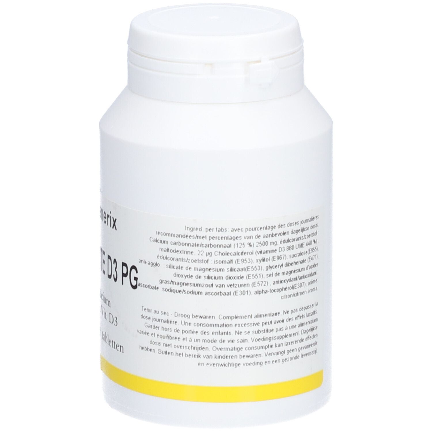 Dos d'un flacon blanc de Pharmagenerix Calcium Forte D3 PG. Texte multilingue. Bande jaune en bas.