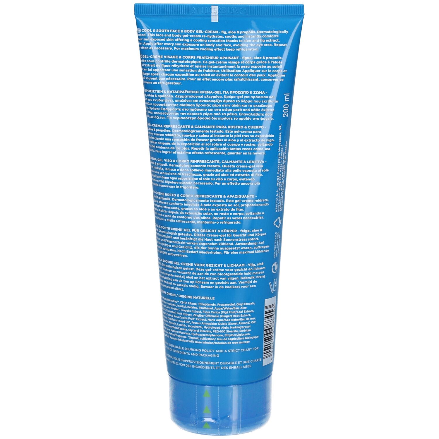 Dos du tube bleu. Texte multilingue. Informations sur le produit et ingrédients.