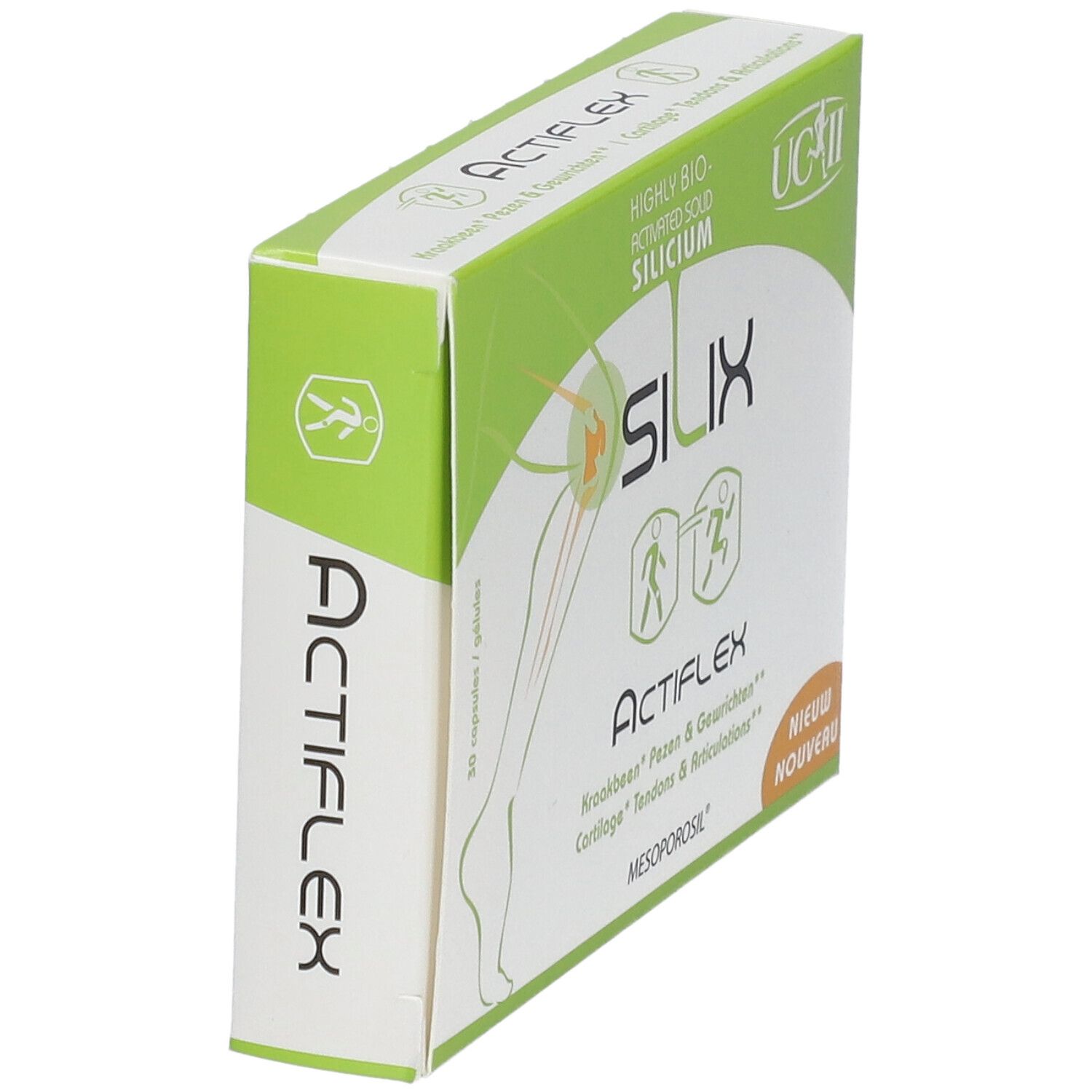 Silix ActiFlex-verpakking, schuin van opzij. Groen-witte doos met productnaam en logo. Bevat 30 capsules.