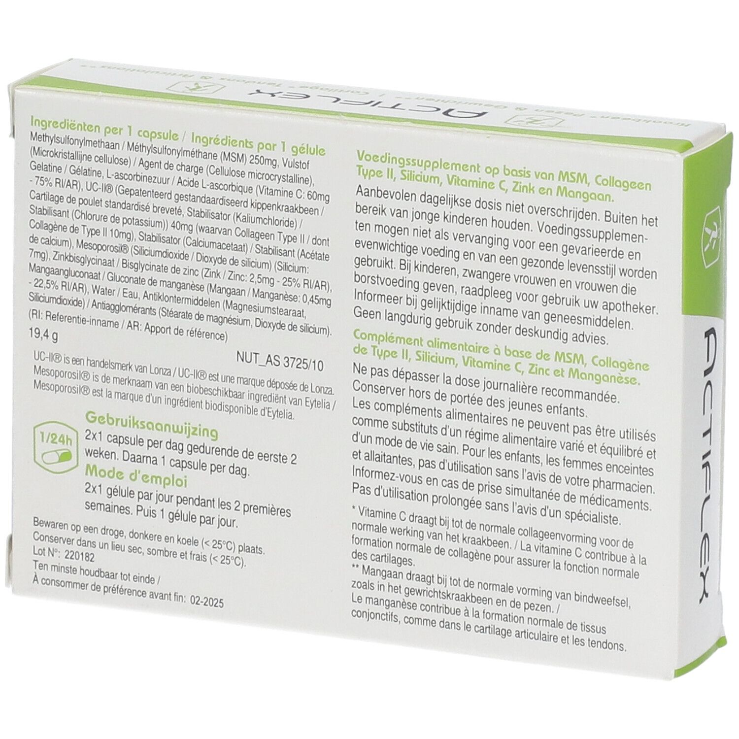 Achterkant van de Silix ActiFlex-verpakking. Tekst met ingrediënten en dosering. Bevat meertalige informatie.