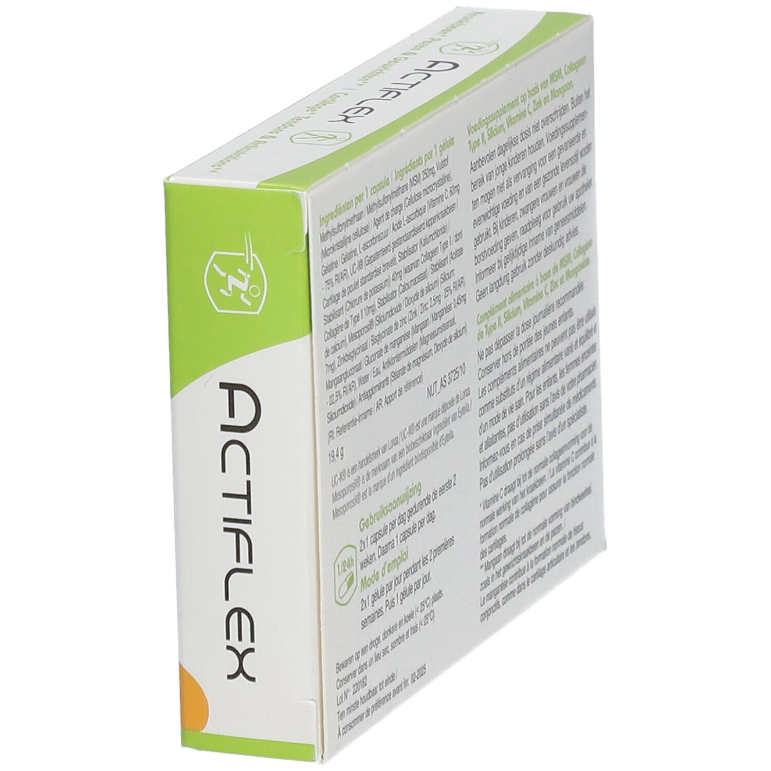 Achterkant van de Silix ActiFlex-verpakking. Tekst met ingrediënten en dosering. Bevat meertalige informatie.