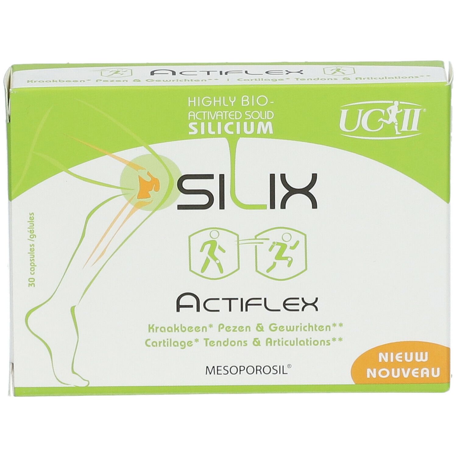 Verpakking van Silix ActiFlex. Groen-witte doos met productnaam en illustraties. Bevat 30 capsules.