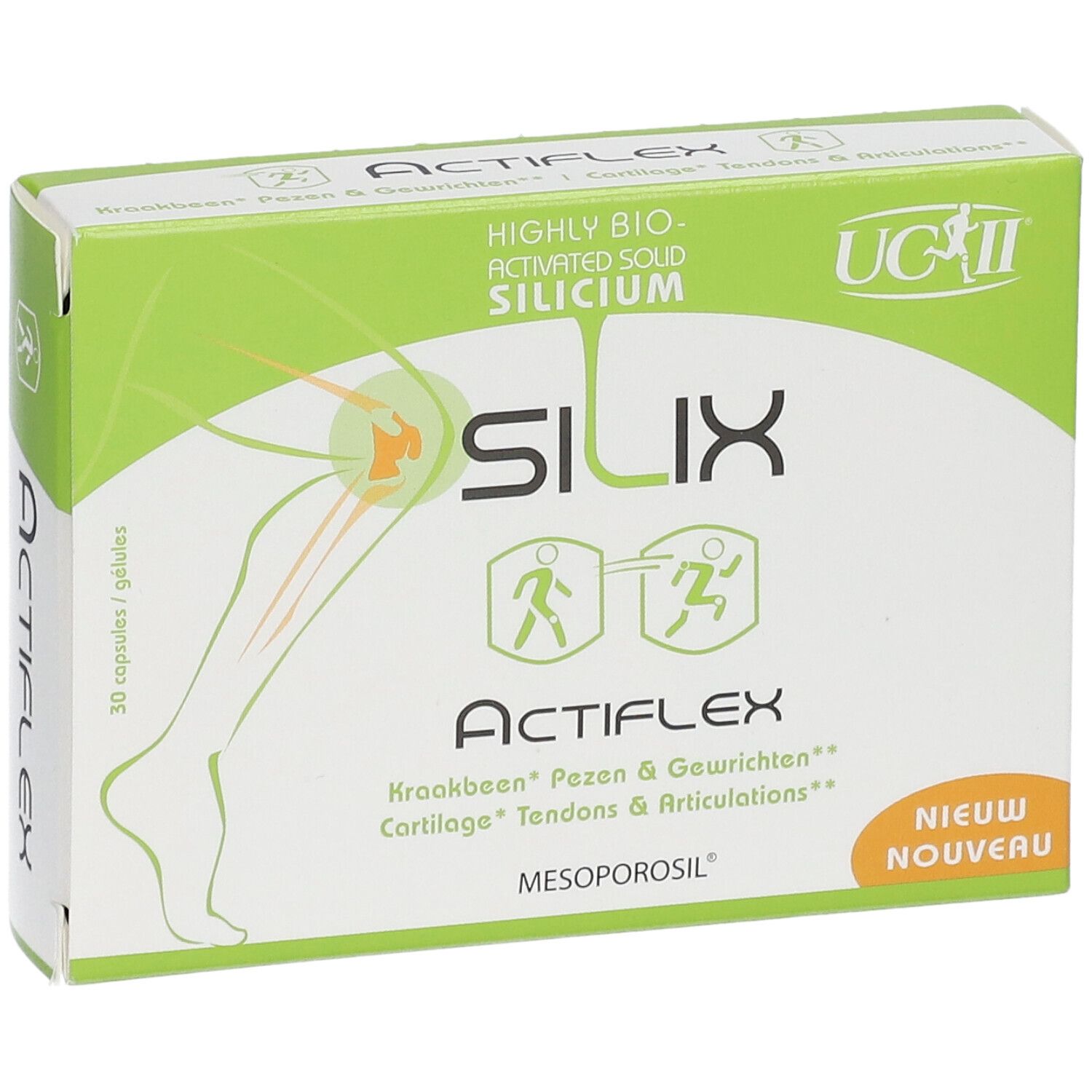Verpakking van Silix ActiFlex. Groen-witte doos met productnaam en illustraties. Bevat 30 capsules.