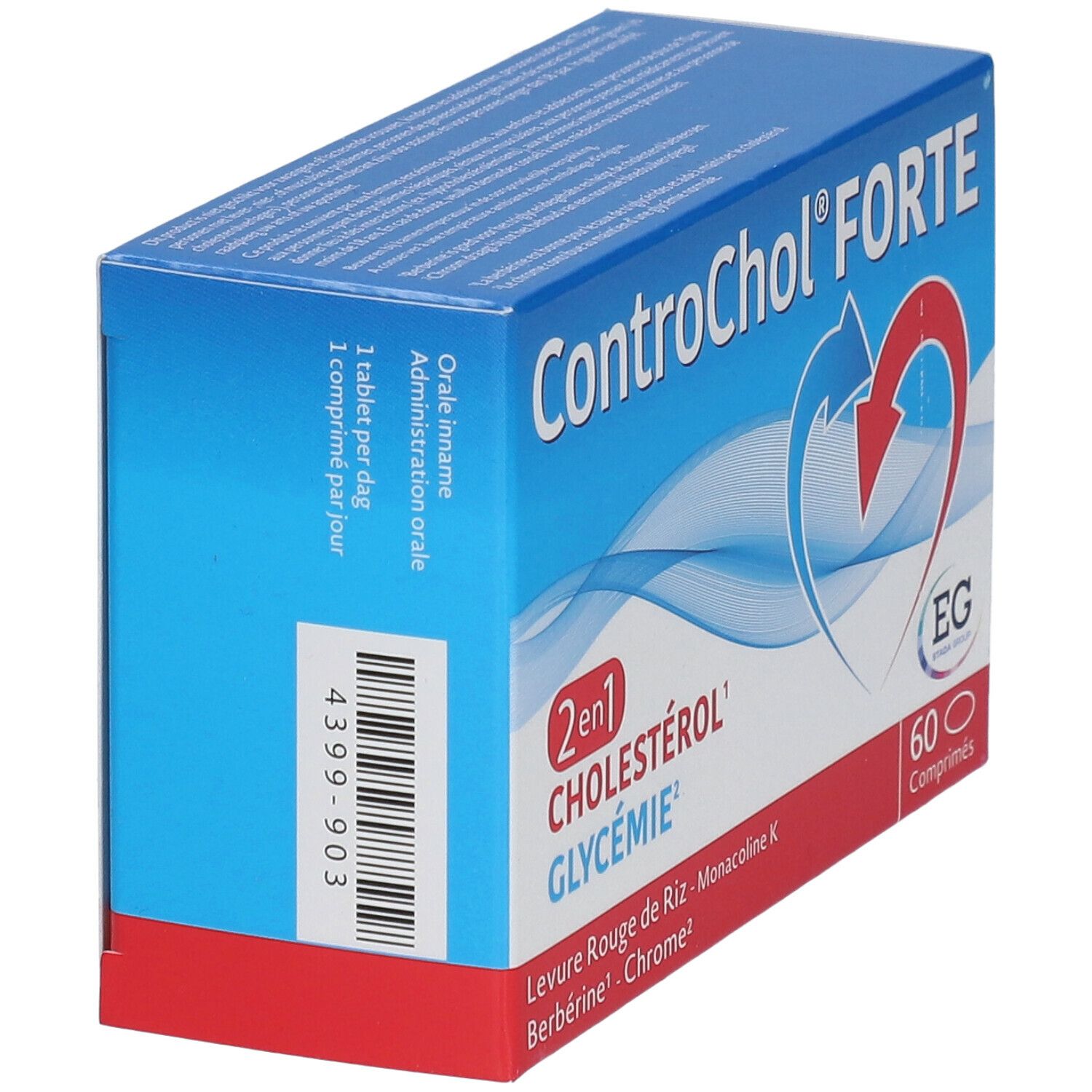 Doos "ControChol FORTE" in schuine hoek. Bevat 60 tabletten. Tekst: Cholesterol & Glycemie.
