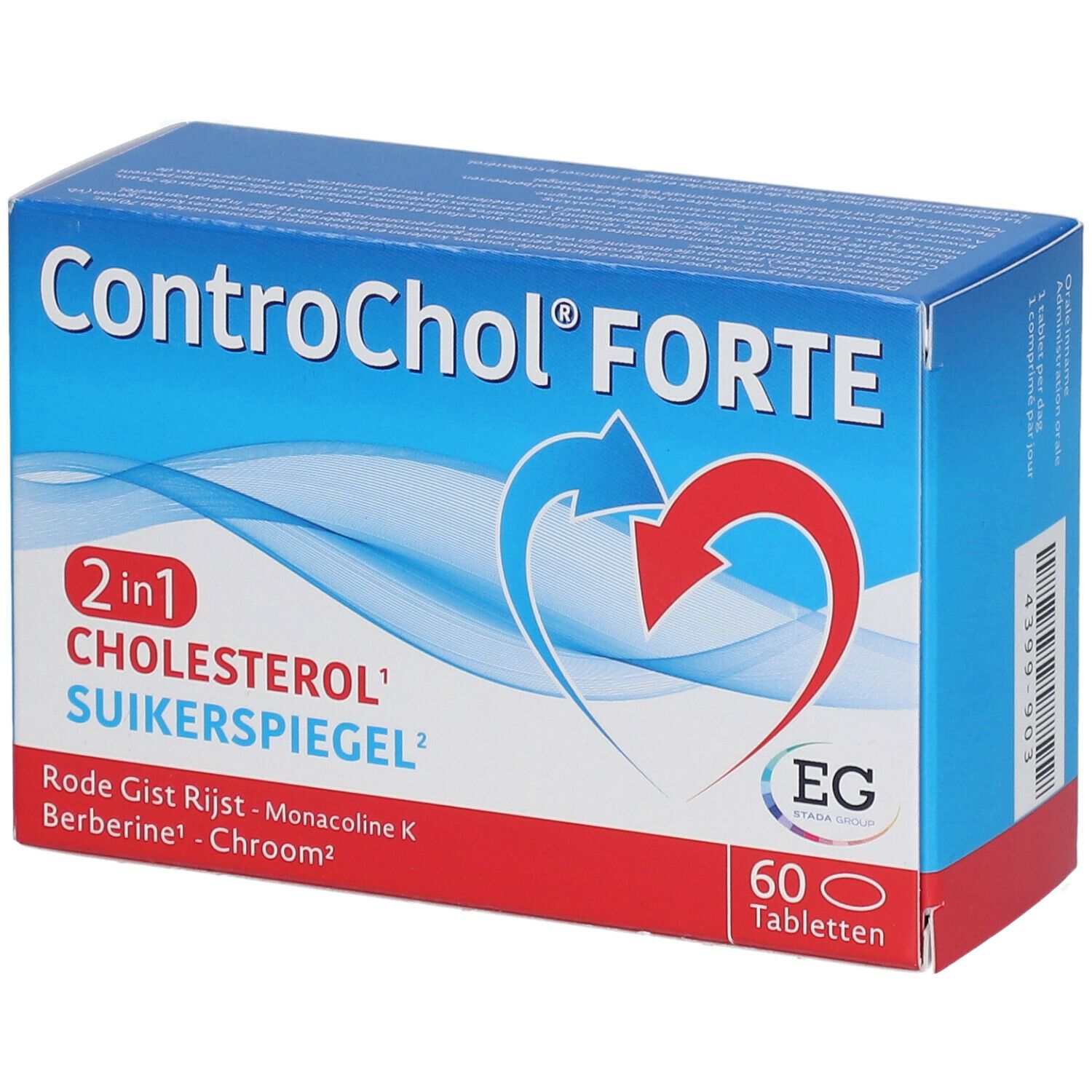 Blauw-rode doos met "ControChol FORTE"-logo. Bevat 60 tabletten. Tekst: Cholesterol & Suikerspiegel.