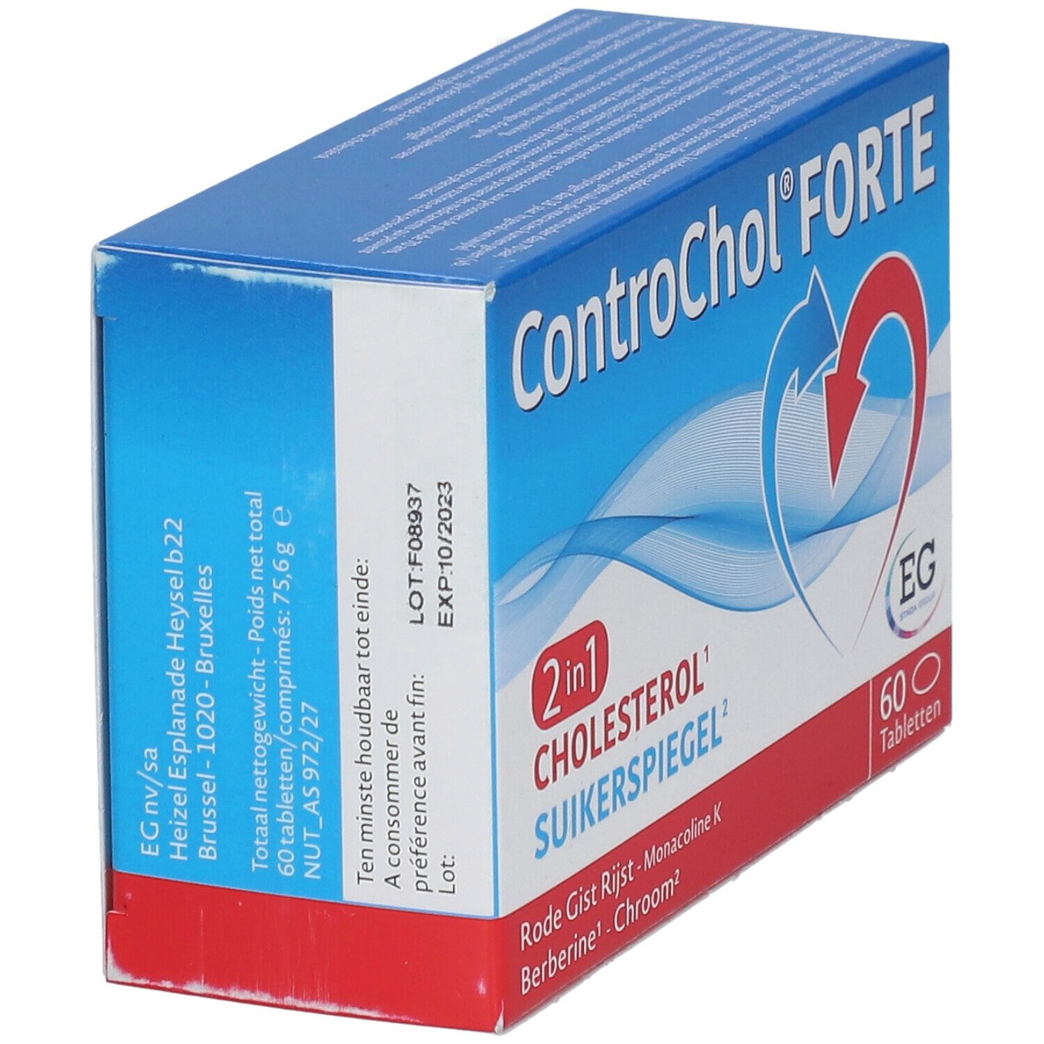 Doos "ControChol FORTE" in schuine hoek. Bevat 60 tabletten. Tekst: Cholesterol & Suikerspiegel.