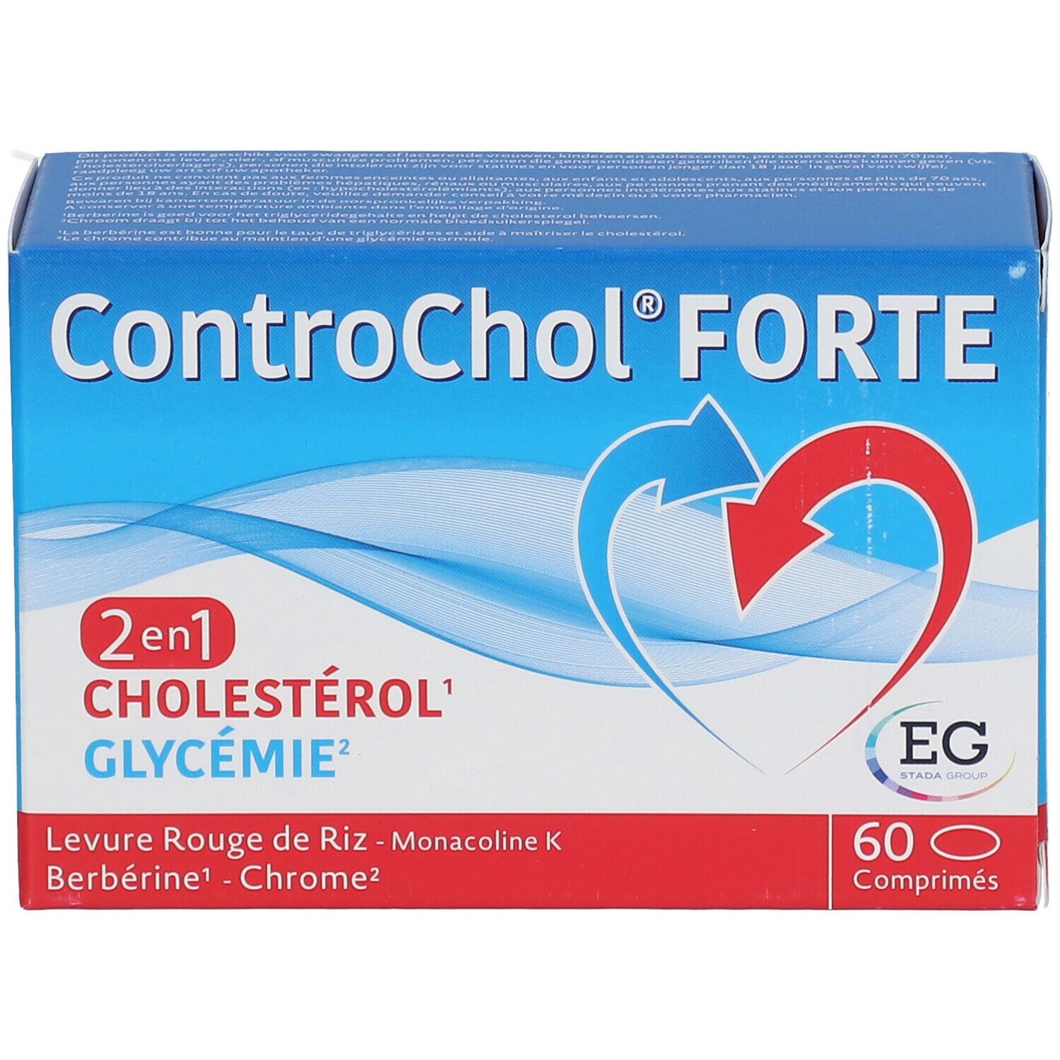 Blauw-witte doos met "ControChol FORTE"-logo. Bevat 60 tabletten. Tekst: Cholesterol & Glycemie.