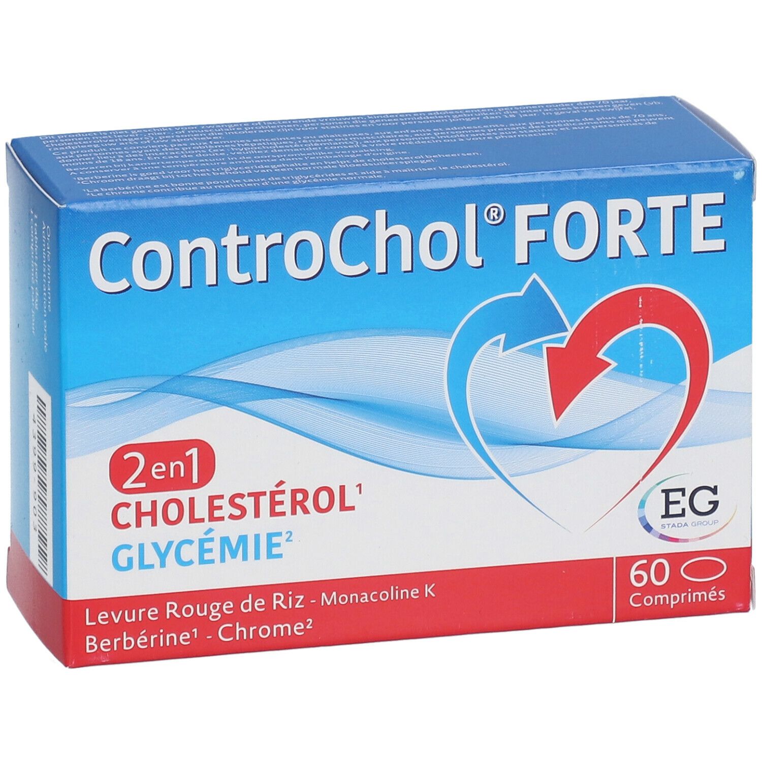 Blauw-witte doos met "ControChol FORTE"-logo. Bevat 60 tabletten. Tekst: Cholesterol & Glycemie.