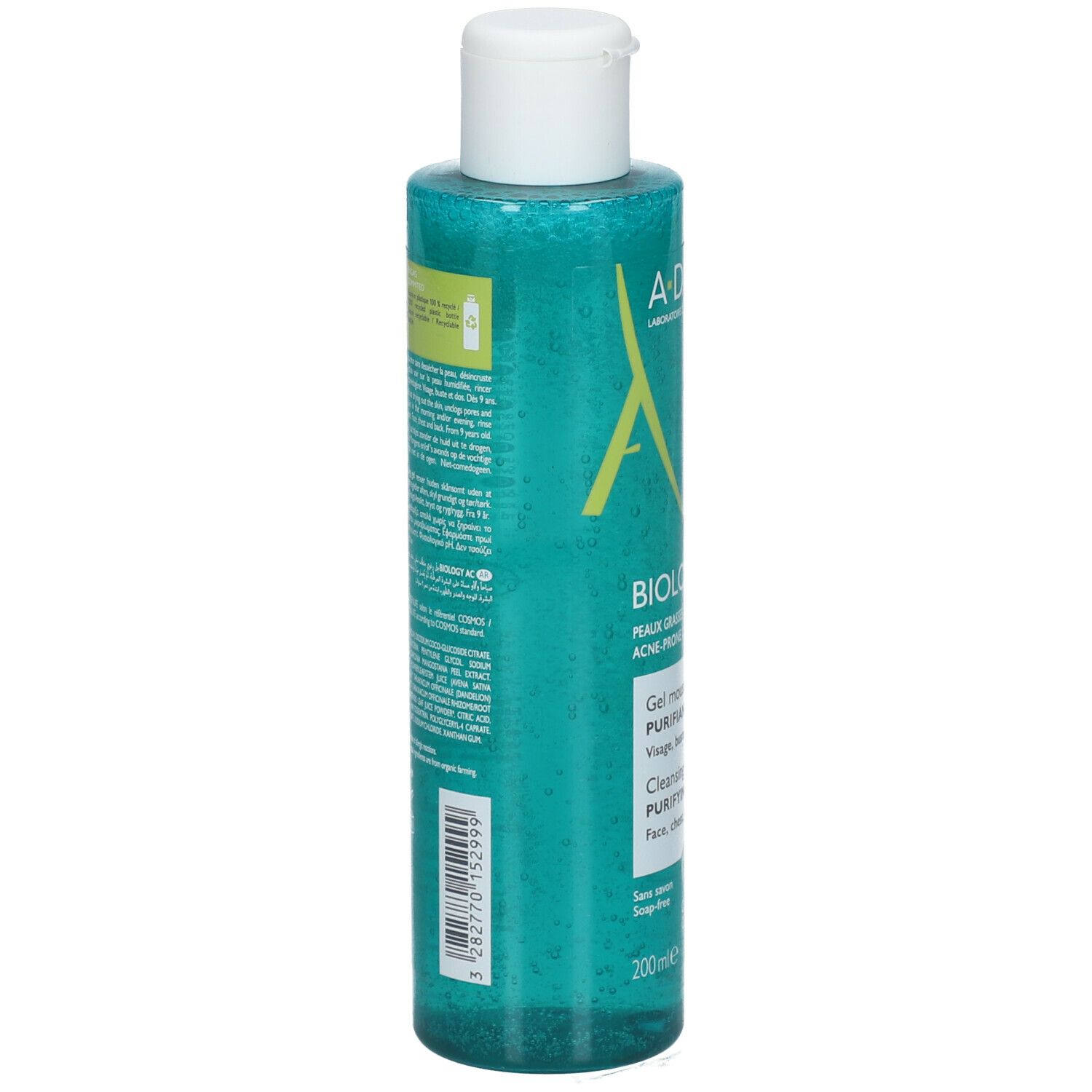 Türkisfarbene Flasche mit weißem Klappdeckel, enthaltend ein klares Gel mit Bläschen. Beschriftung: A-Derma BIOLOGY AC, Gel Nettoyant Purifiant.