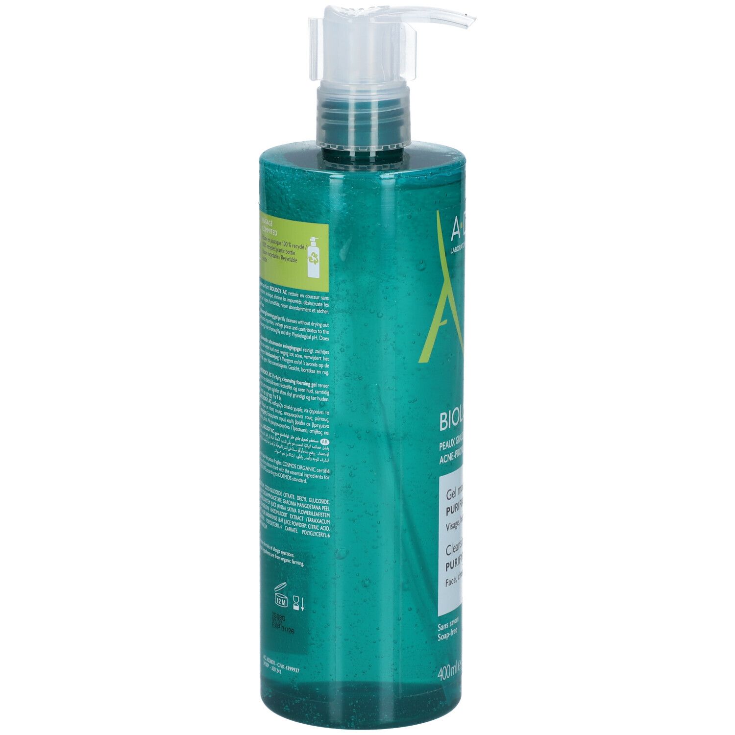 Rückseite der A-Derma Biology AC Flasche. Text und Informationen zum Produkt. Grüner Hintergrund, transparenter Behälter mit Pumpkopf.