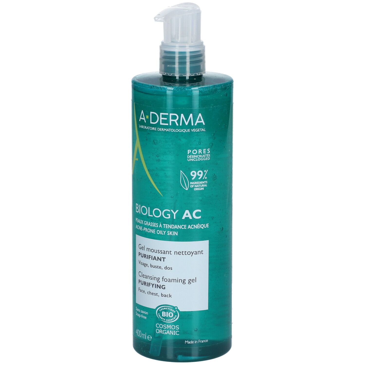 A-Derma Biology AC Reinigung schäumendes Gel. Grüne Flasche mit weißem Pumpkopf. Text: Biology AC, Gel moussant nettoyant purifiant, 400ml.
