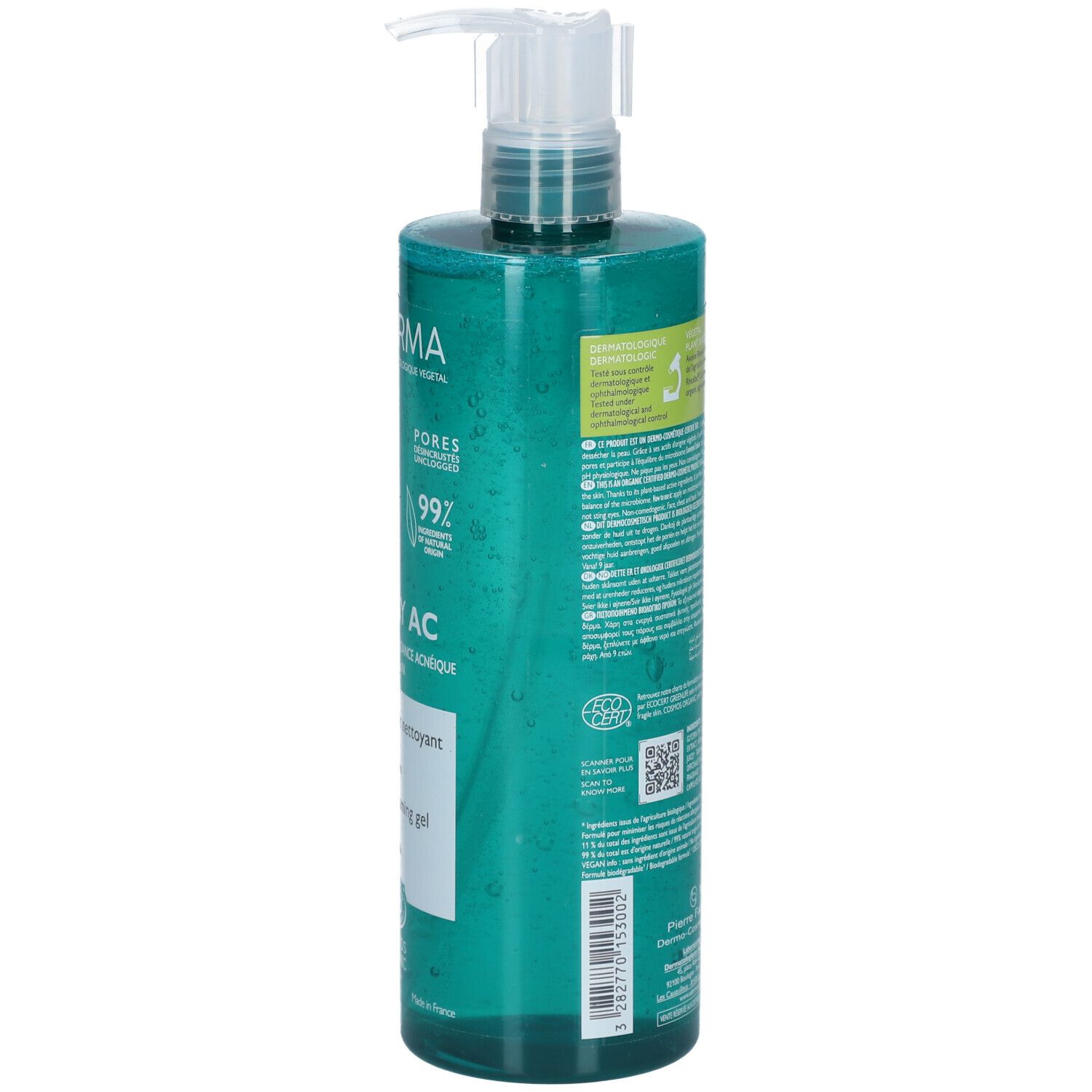 Grüne Pumpflasche mit durchsichtigem Gel und weißem Pumpaufsatz. Etikett mit Produktinformationen und Siegeln.