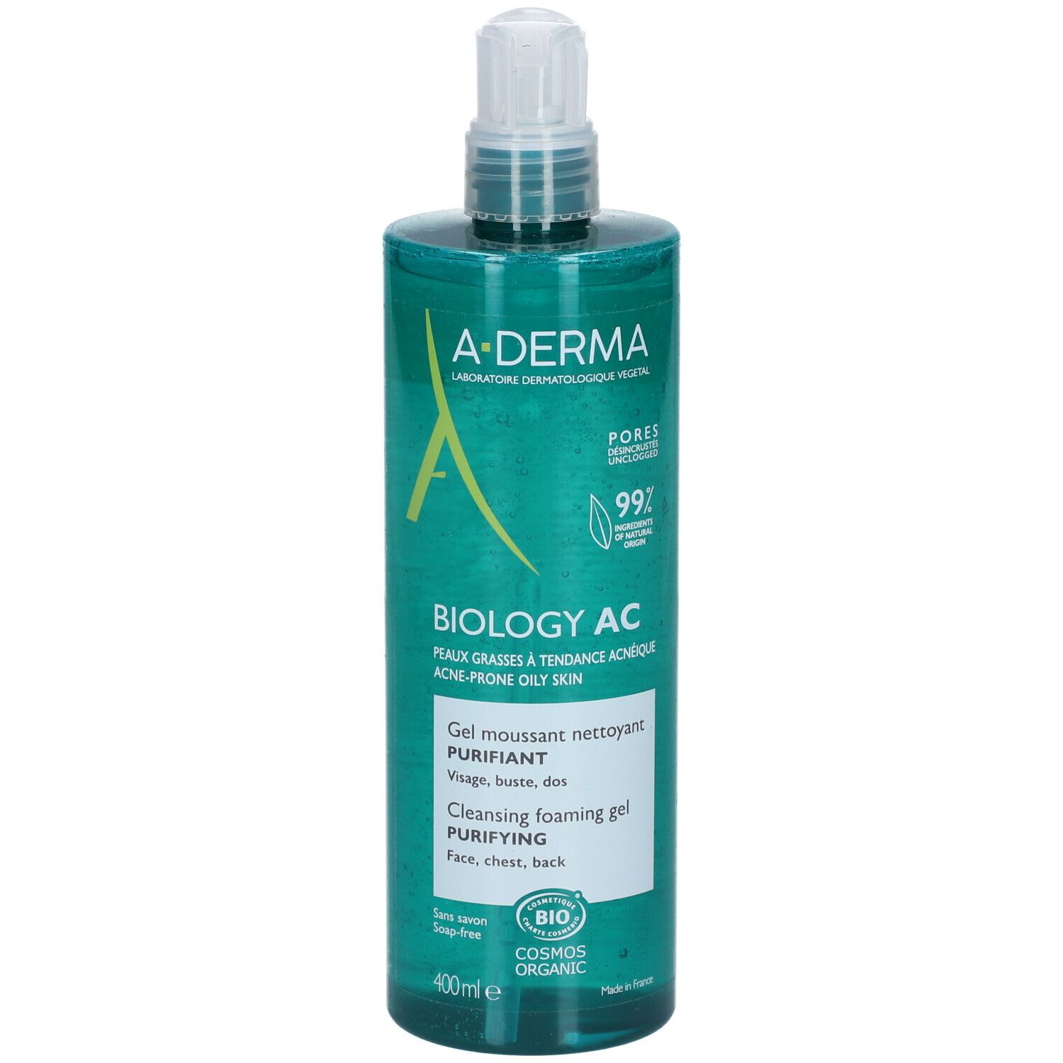 A-Derma Biology AC Reinigung schäumendes Gel. Grüne Flasche mit weißem Pumpkopf. Text: Biology AC, Gel moussant nettoyant purifiant, 400ml.