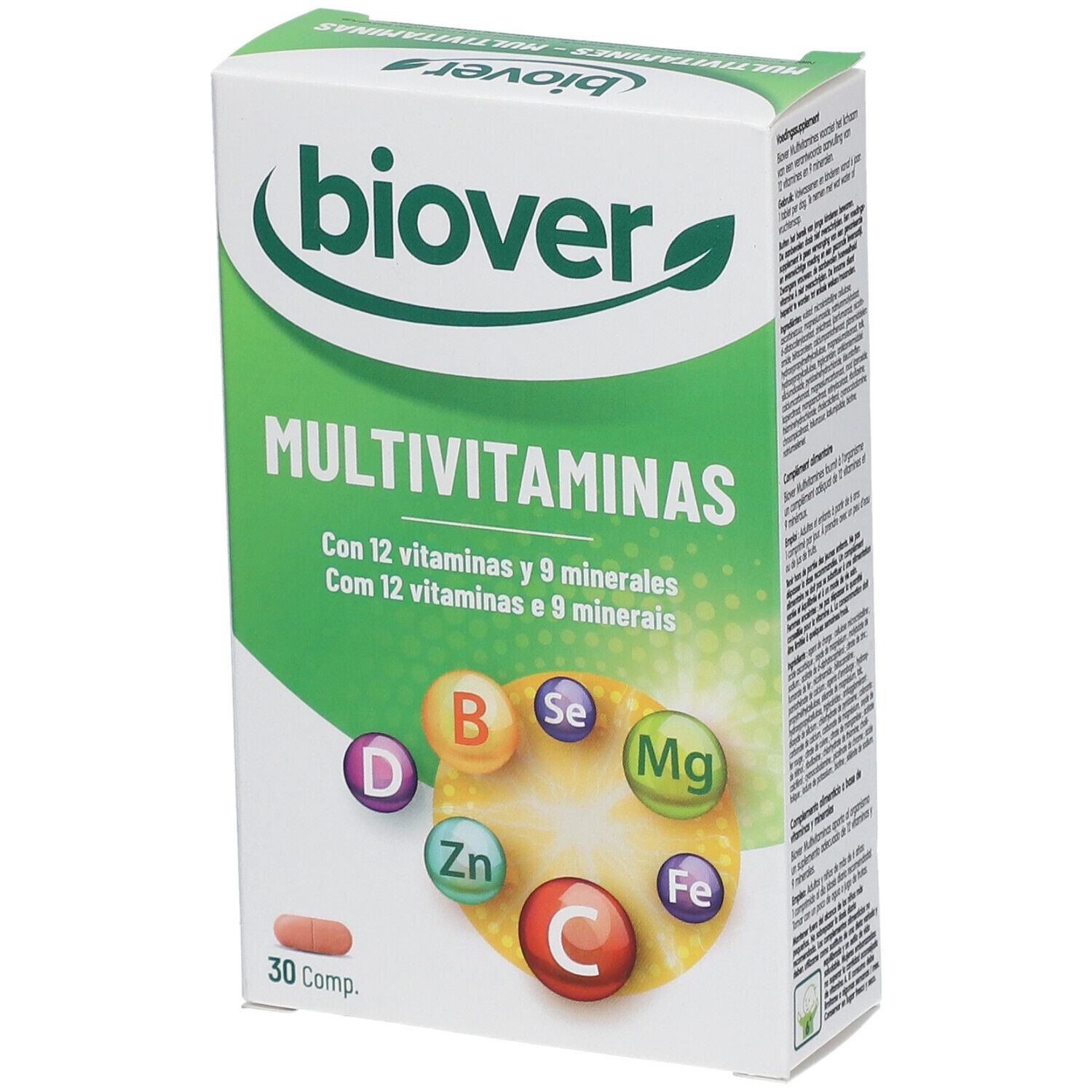 Boîte de Biover Multivitamines. Emballage vert et blanc avec nom du produit et illustrations de vitamines et minéraux. 30 comprimés.