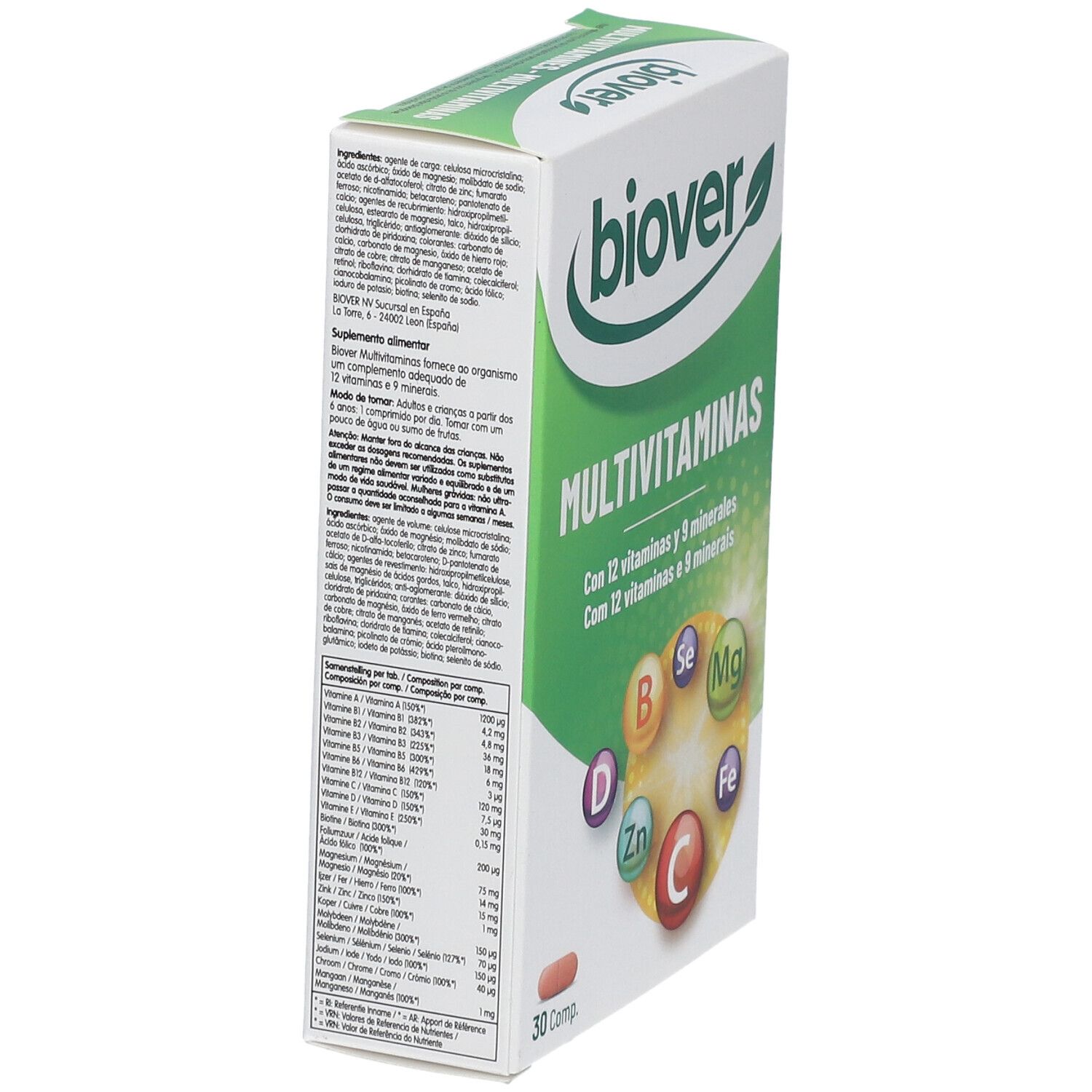 Vue latérale oblique de l'emballage Biover Multivitamines. Texte multilingue. Boîte verte et blanche avec informations produit et 30 comprimés.