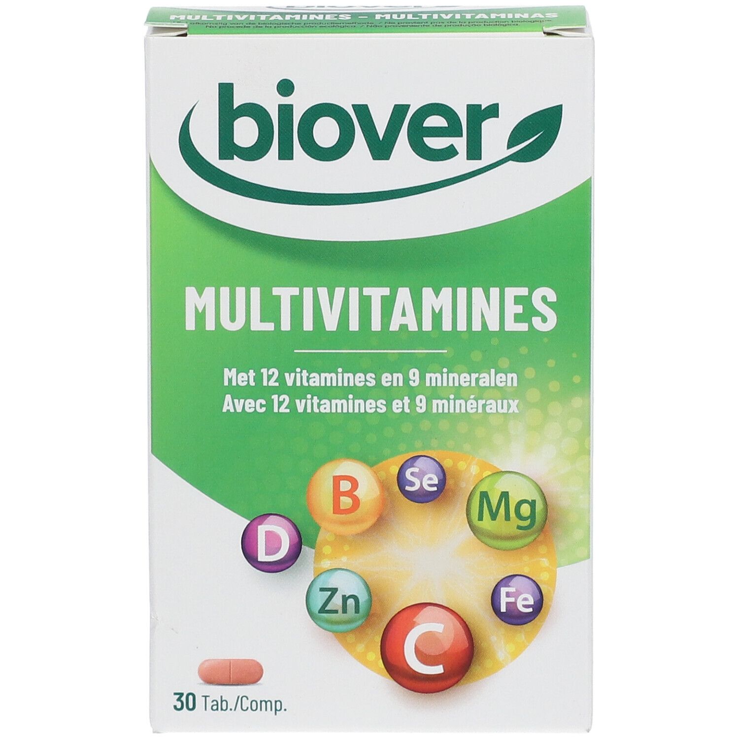 Verpakking van Biover Multivitamines. Groen-witte doos met productnaam en illustraties van vitaminen en mineralen. 30 tabletten.