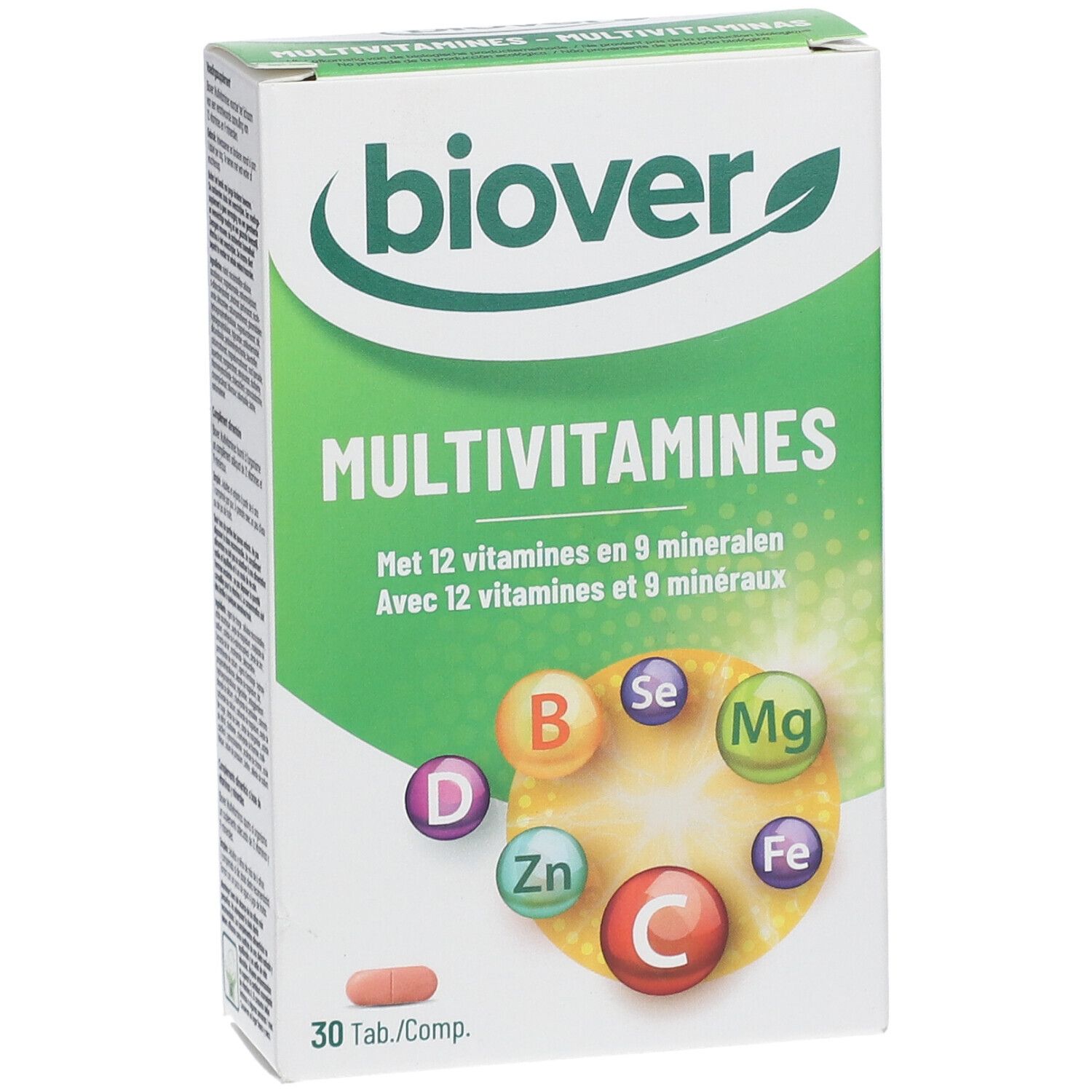 Boîte de Biover Multivitamines. Emballage vert et blanc avec nom du produit et illustrations de vitamines et minéraux. 30 comprimés.