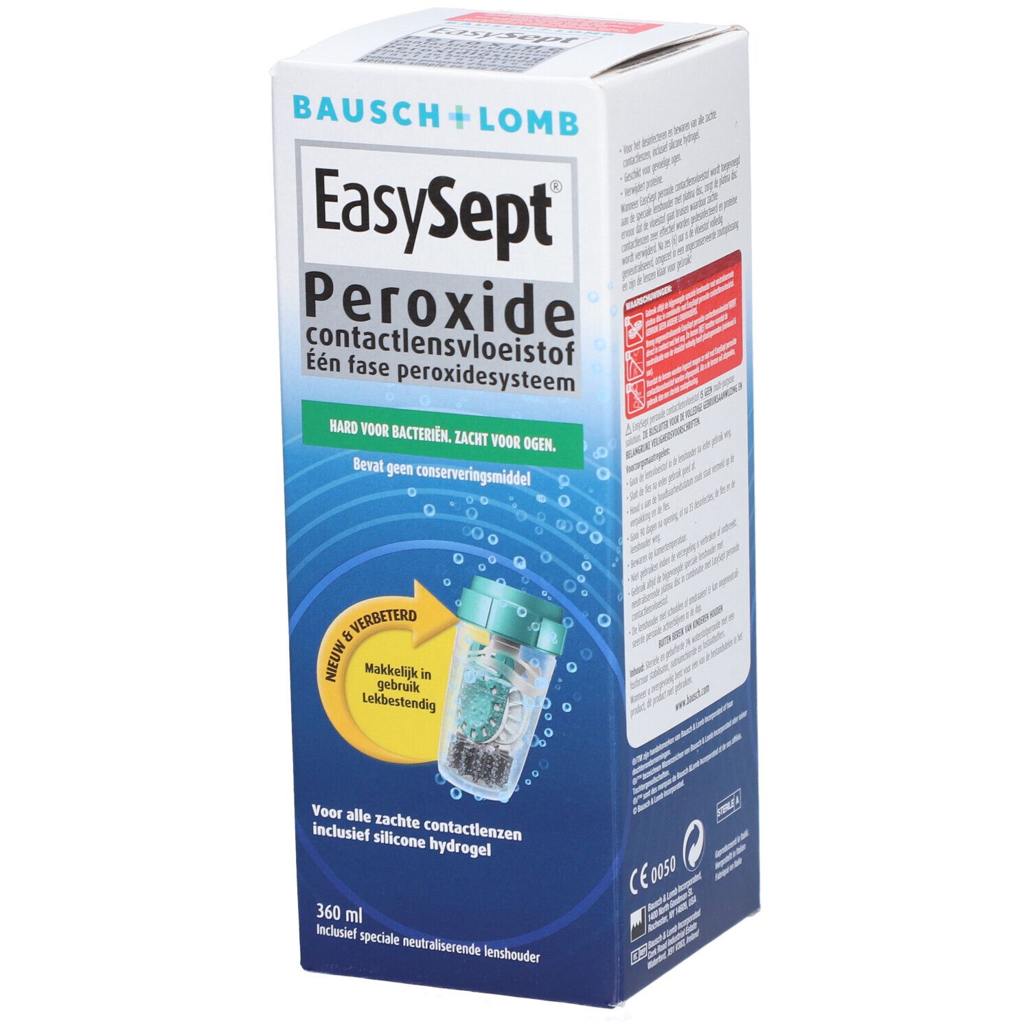 Verpakking van EasySept Peroxide. Bevat contactlensvloeistof. Inclusief lenshouder.