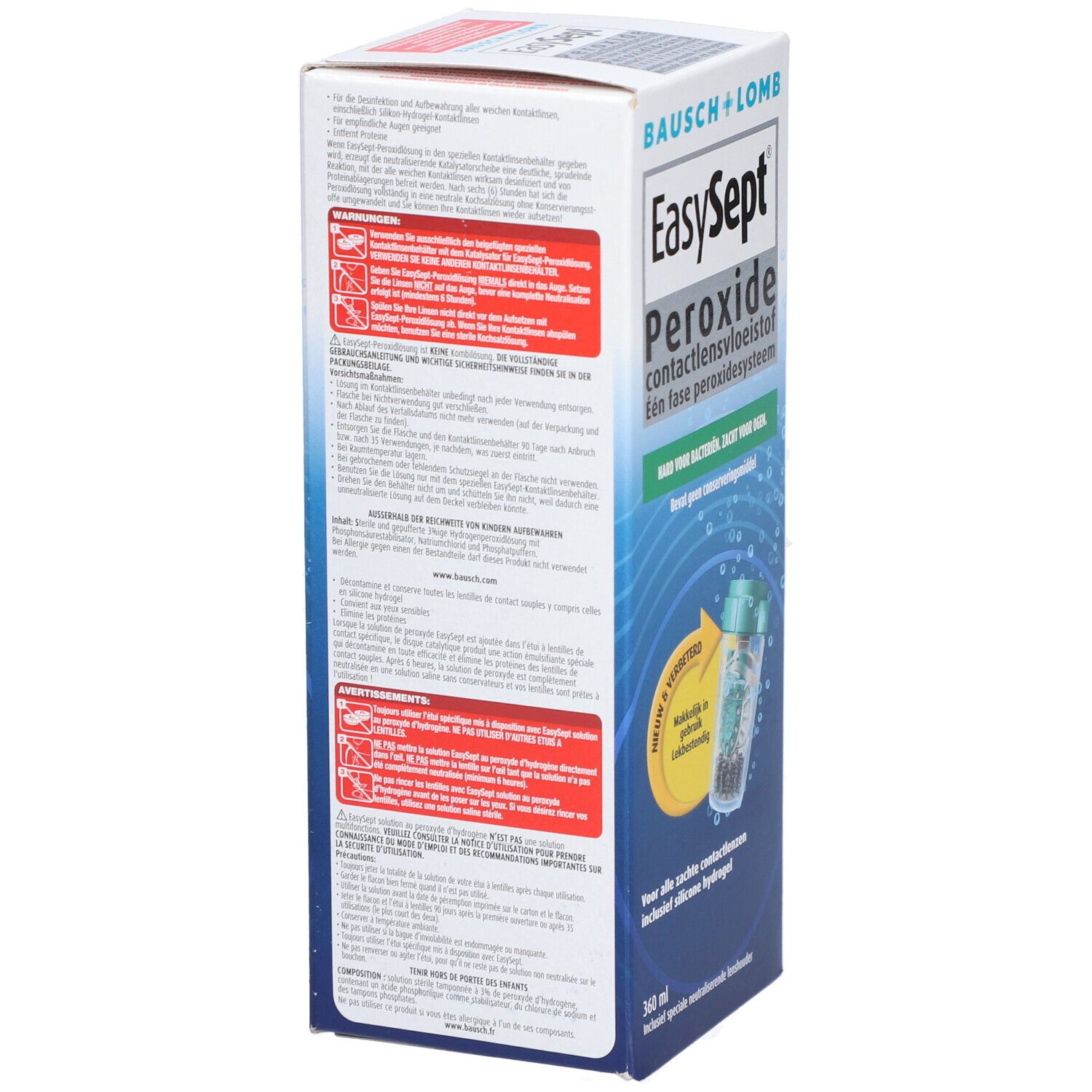 Achterkant van de EasySept Peroxide verpakking. Bevat waarschuwingen en productinformatie in verschillende talen.