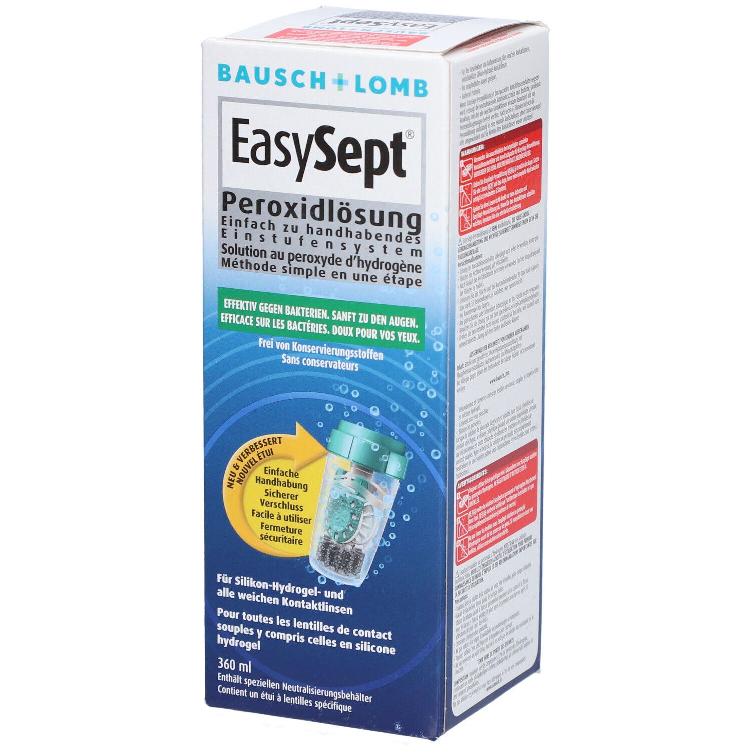 Verpakking van EasySept Peroxide oplossing. Bevat contactlensvloeistof. Inclusief lenshouder.