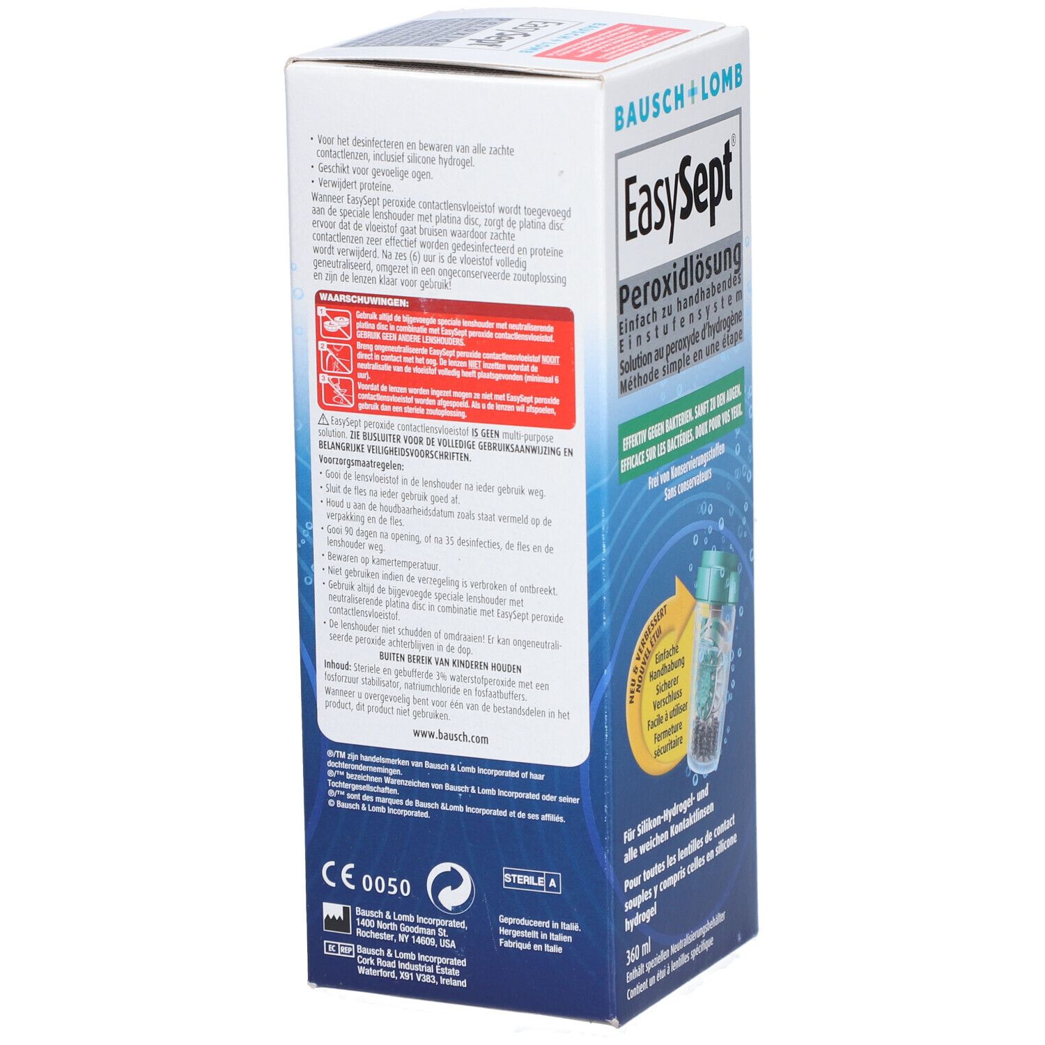 Achterkant van de EasySept Peroxide oplossing verpakking. Bevat waarschuwingen en productinformatie in verschillende talen.