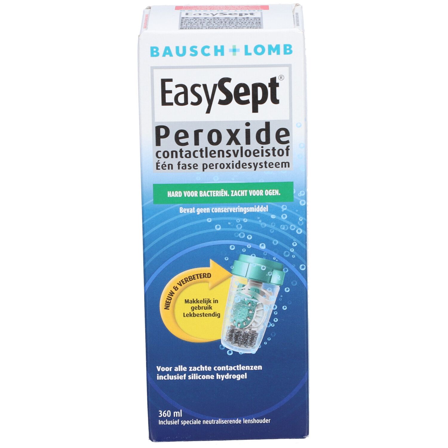 Verpakking van EasySept Peroxide. Bevat contactlensvloeistof. Inclusief lenshouder.