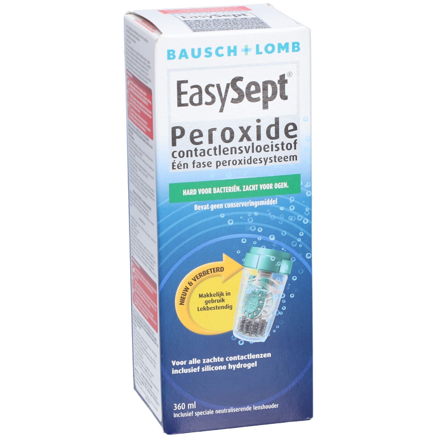 Verpakking van EasySept Peroxide. Bevat contactlensvloeistof. Inclusief lenshouder.