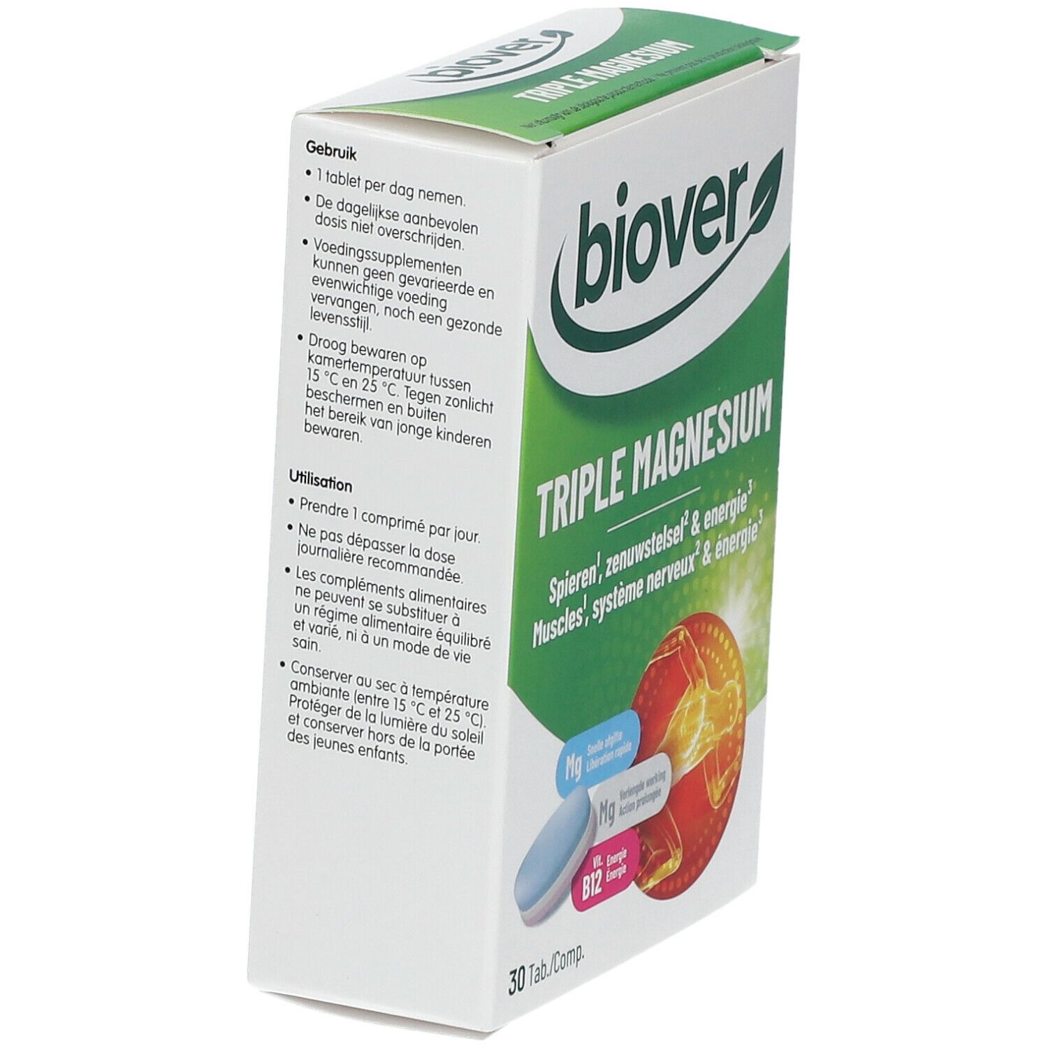 Boîte blanche avec "biover Triple Magnesium". Texte en allemand, français et néerlandais. 30 comprimés.