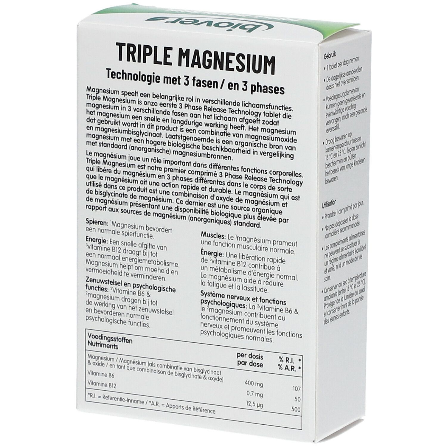 Boîte blanche avec texte. "Triple Magnesium" et informations sur les ingrédients et la valeur nutritionnelle. 30 comprimés.