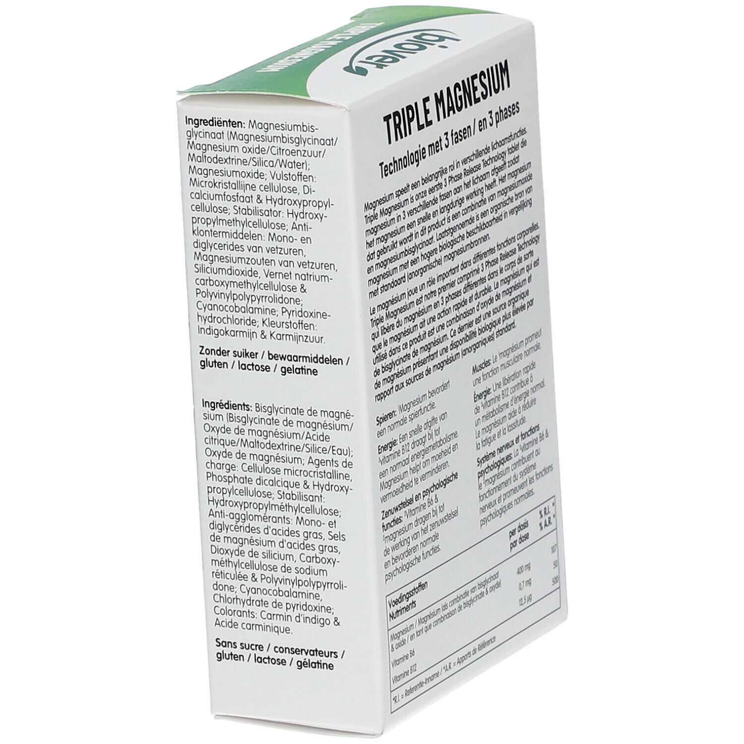Boîte blanche avec texte. "Triple Magnesium" et informations sur les ingrédients. 30 comprimés. Vue arrière.