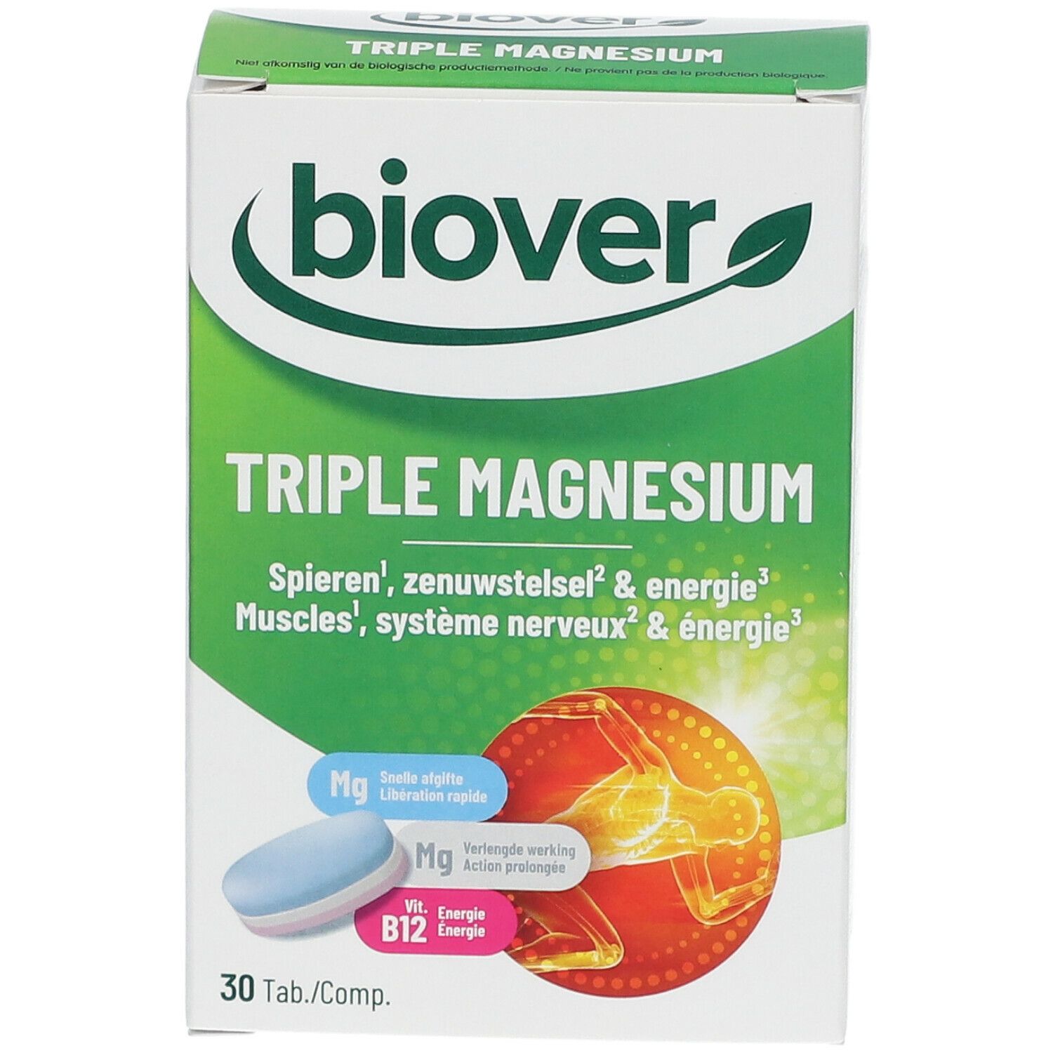 Boîte blanche et verte avec "biover Triple Magnesium". Illustration de comprimés et d'un corps humain.
