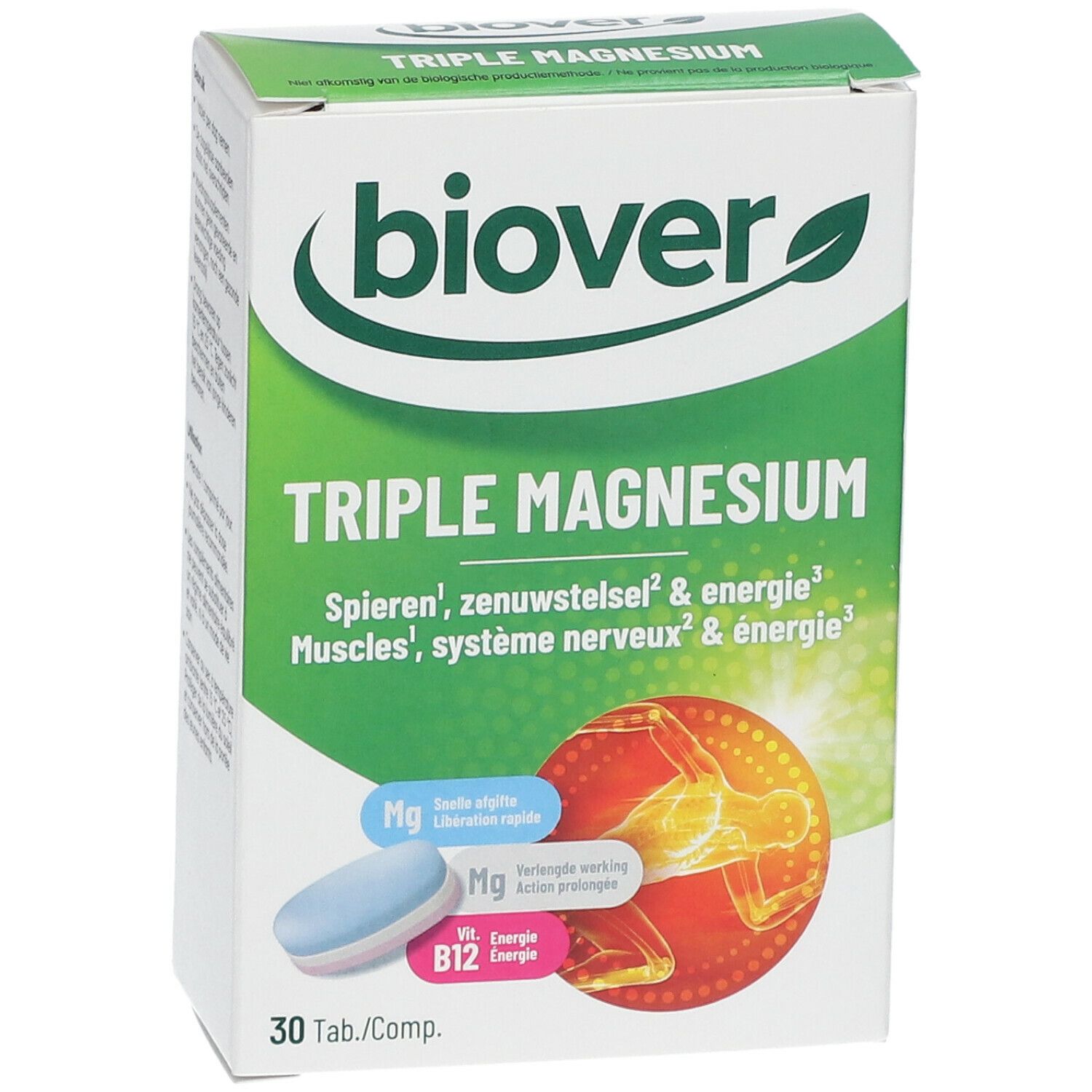 Boîte blanche et verte avec "biover Triple Magnesium". Illustration de comprimés et d'un corps humain.